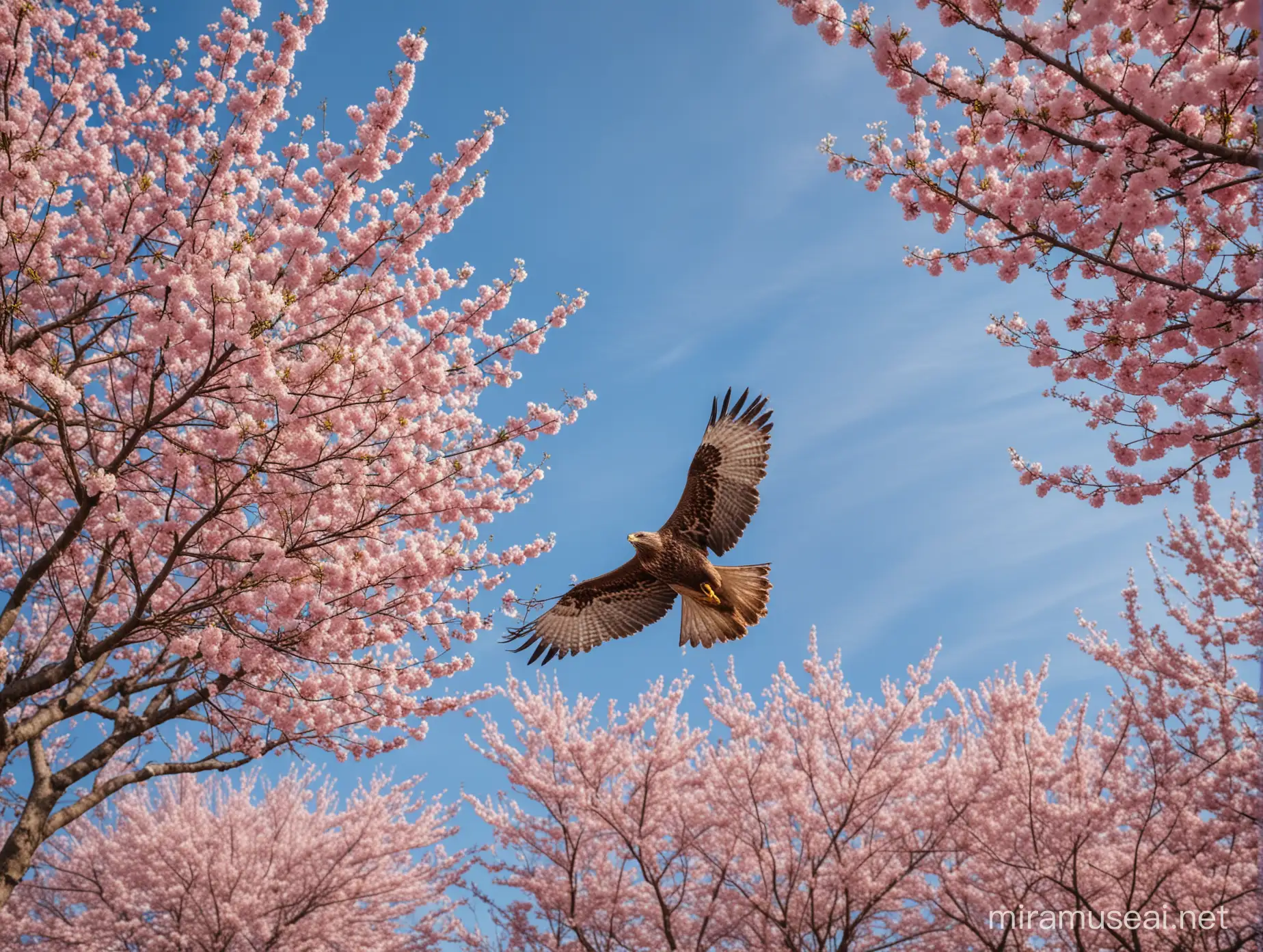 Ein Bussard mit gespreizten Flügeln fliegt über einen blühenden Kirschblütenbaum, wide angle, helle Farben, blühende Stimmung