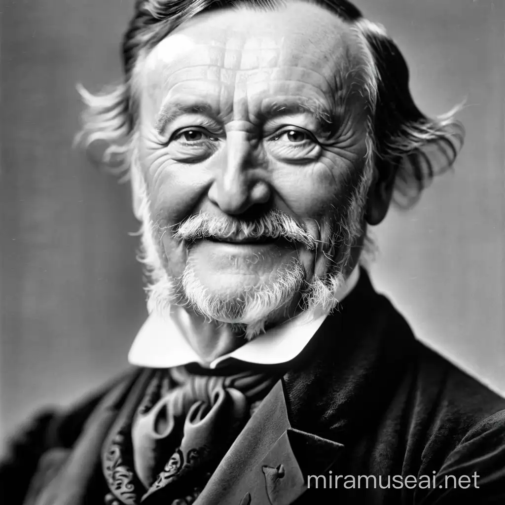 German composer Wilhelm Richard Wagner stands with a chrysanthemum flower and smiles. Expressive facial features, in 3d animation style