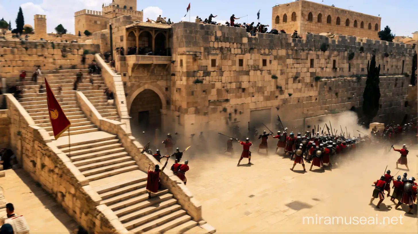 In Ancient Jerusalem there is violent revolt,  street-battle, roman legionaries clashing with jewish revolutionaries, roman legionaries fighting hand to hand with the jewish rebels
