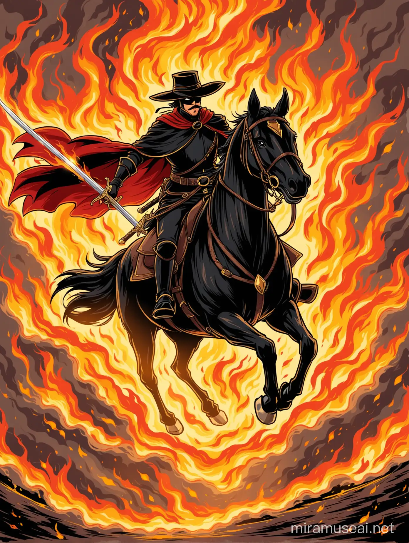 Zorro naik kuda sambil pegang pedang mengejar musuh, background penuh asap dan api, kartun 2D