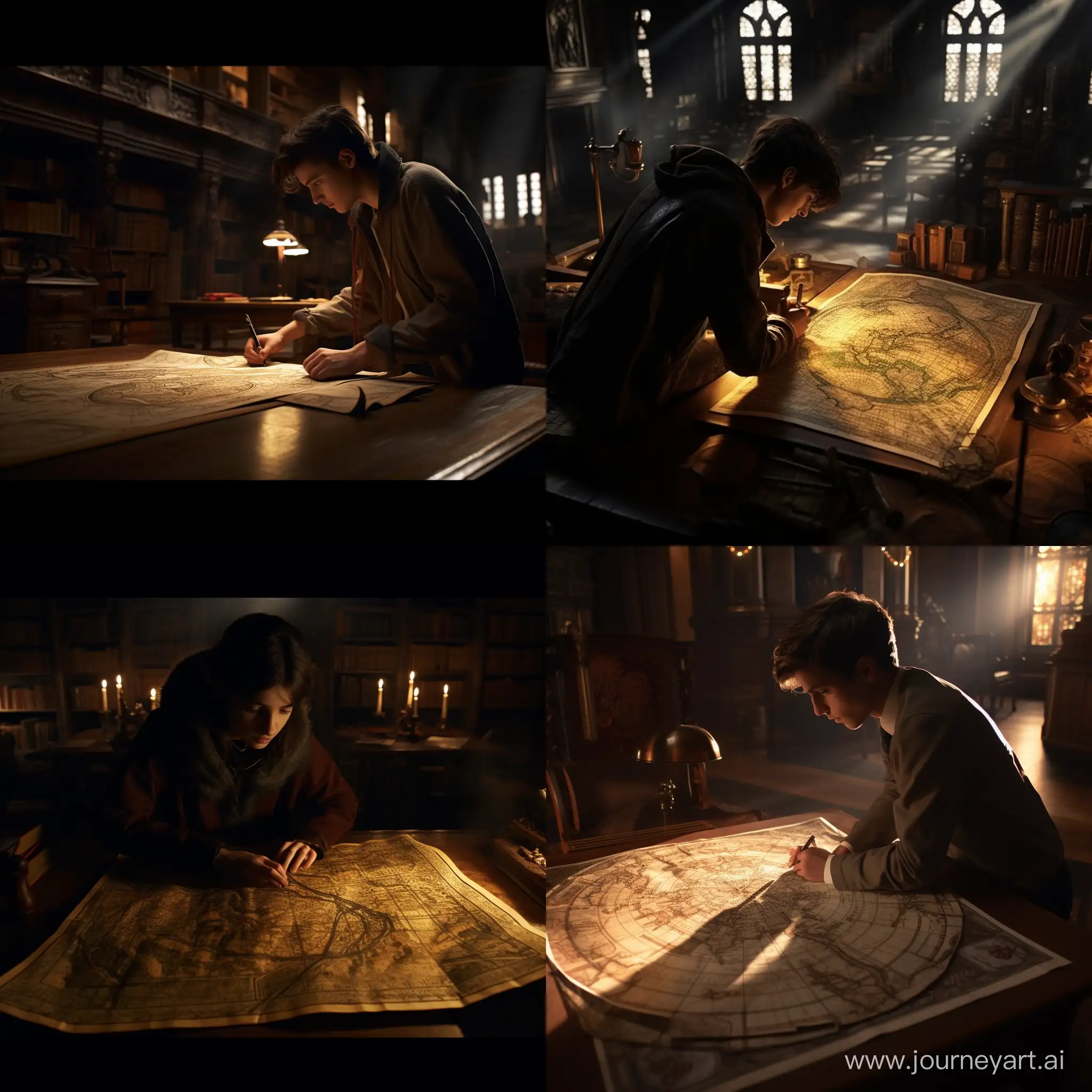As the protagonist stumbles upon an ancient map in an old library, the camera zooms in on the intricate details of the parchment, revealing cryptic symbols and hidden clues. Cinematic, dramatic lighting enhances the sense of intrigue and discovery, creating an aura of mystery, -- ar 16:9.