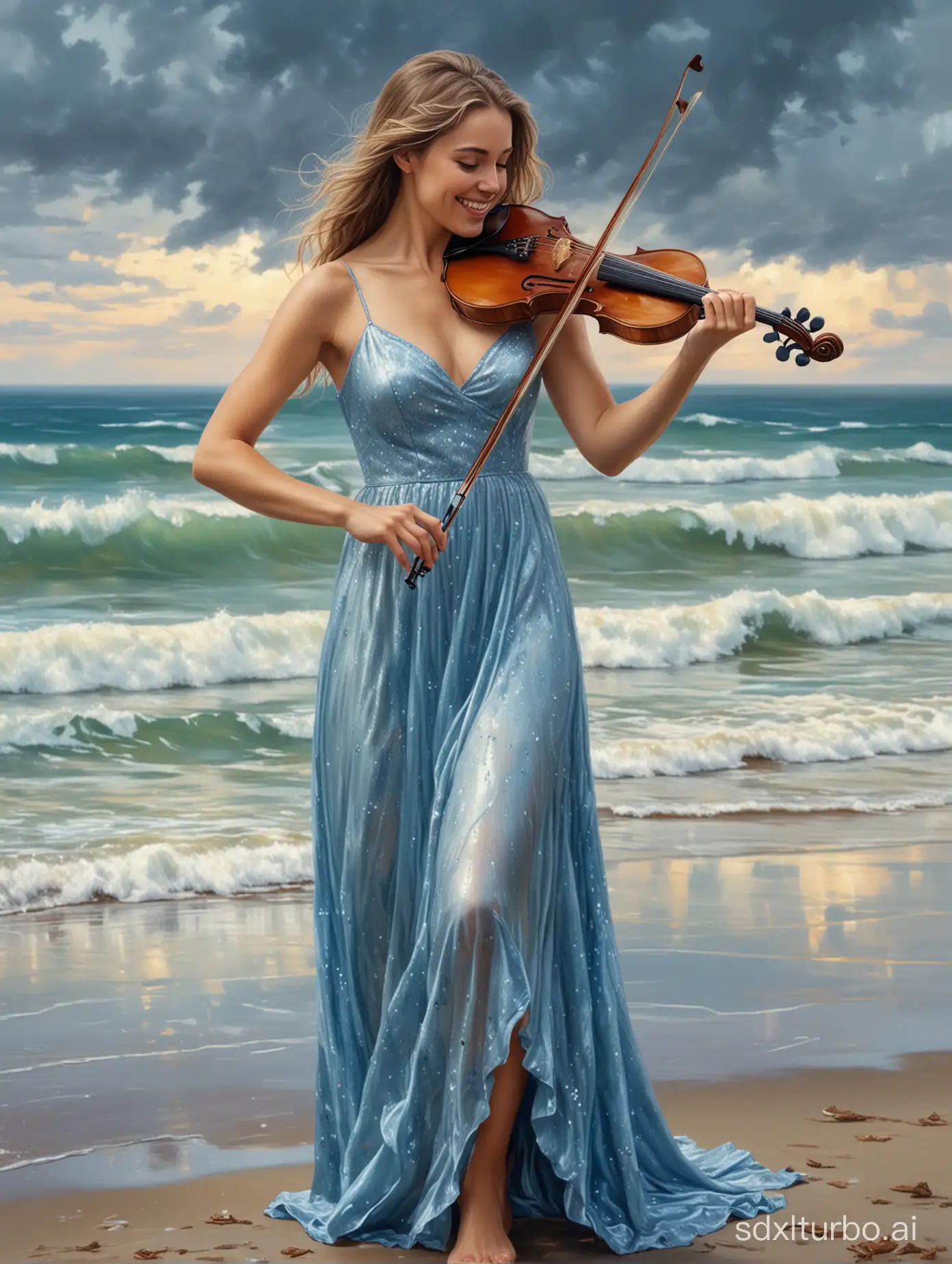 Imagine a 4k oil painting featuring full body beautiful caucasian woman, wearing a shimmery blue dress, sparkling, smiling beautifully, playing the violin, on the beach, cloudy atmosphere