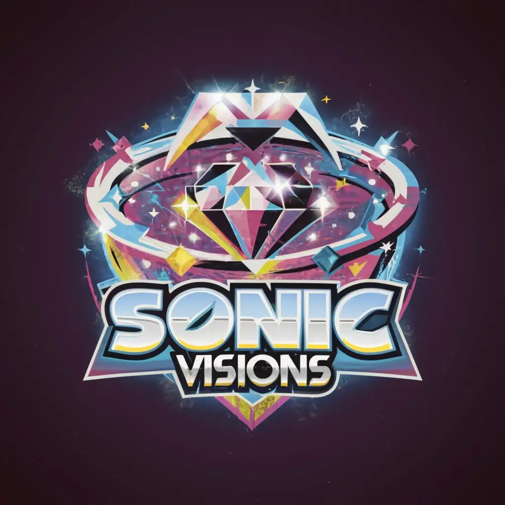 a logo design,with the text 'Sonic Visions', main symbol: fractured black hole and diamond heart, psychedelic, sonic the hedgehog font, Moderate, to be used in Entertainment industry, transparent background