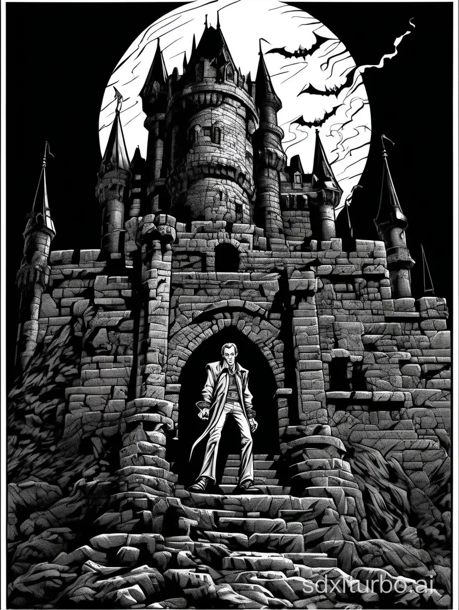 line art, a Lance Henriksen:vampire, at his castle, cloudy night, impatient angry expression, dark and moody atmosphere, half body, 1bit bw, black border, style of 1979 Advanced Dungeons and Dragons, by Terry Dykstra,