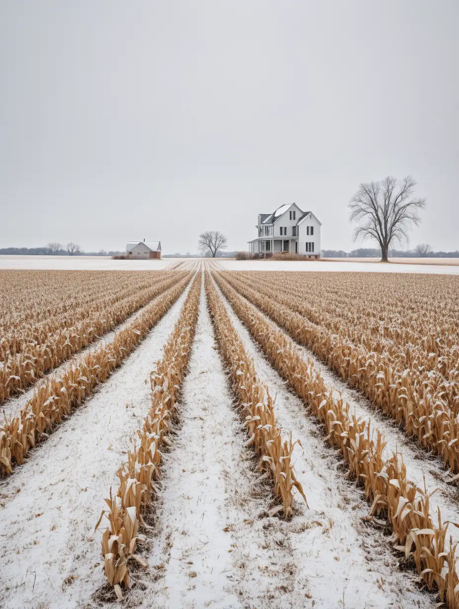 dead tall cornfield to the side, light snow on the ground, cloudy day, house in the distance, midwest