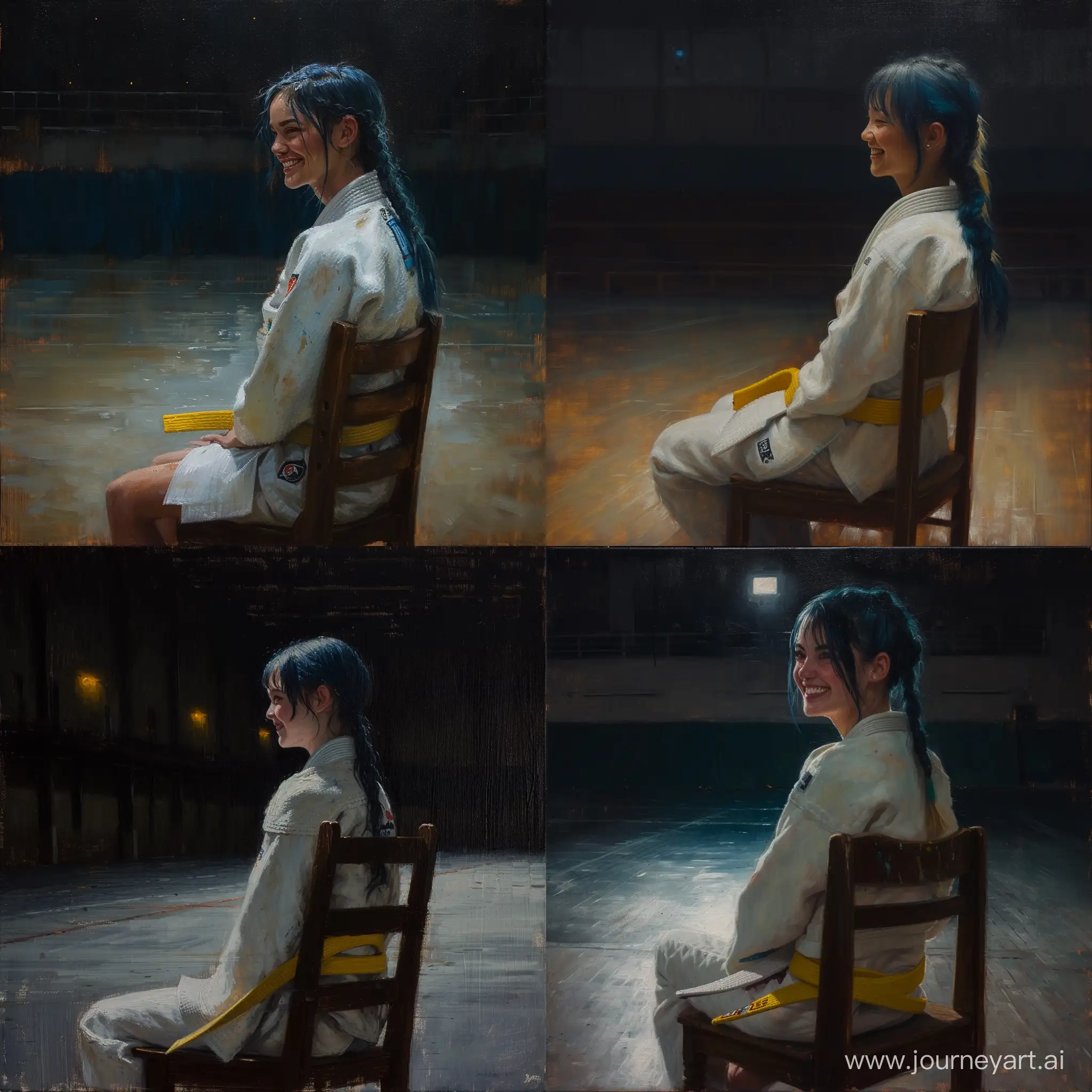 Oil paint. Full side shot of girl sitting alone on a wooden chair in a dark, empty sports hall. An exhausted smile. Very tanned skin. Very sweaty, dark blue hair, parted on the side with a small blonde French braid. Dimples. High quality wide white judo top. Long white judo. Yellow judo belt. Dimly lit on one side. Very dark background. Backlight glow. sincere. Facing to one side