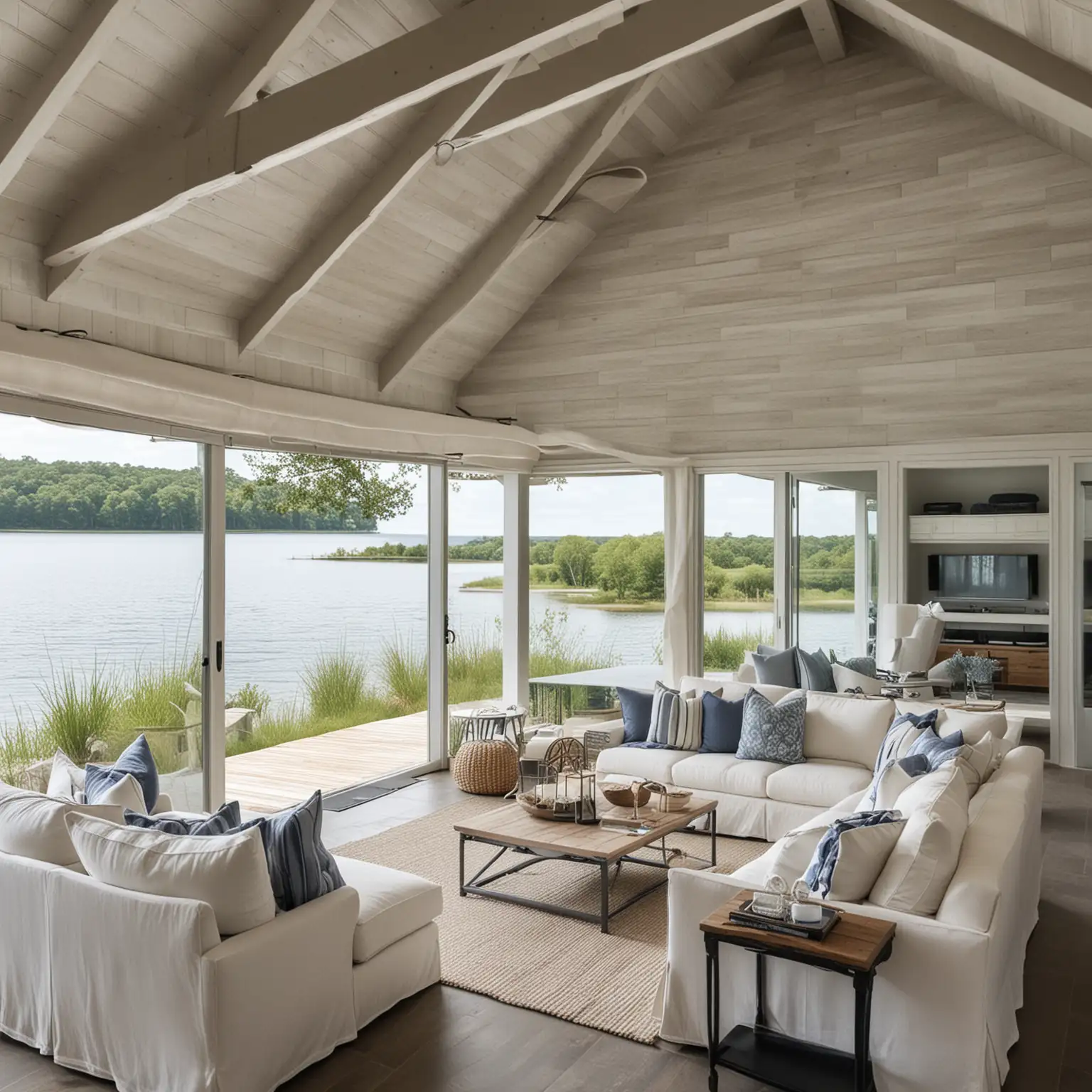 Modern, new boat house on the lake with slipcovered furniture and coastal decor