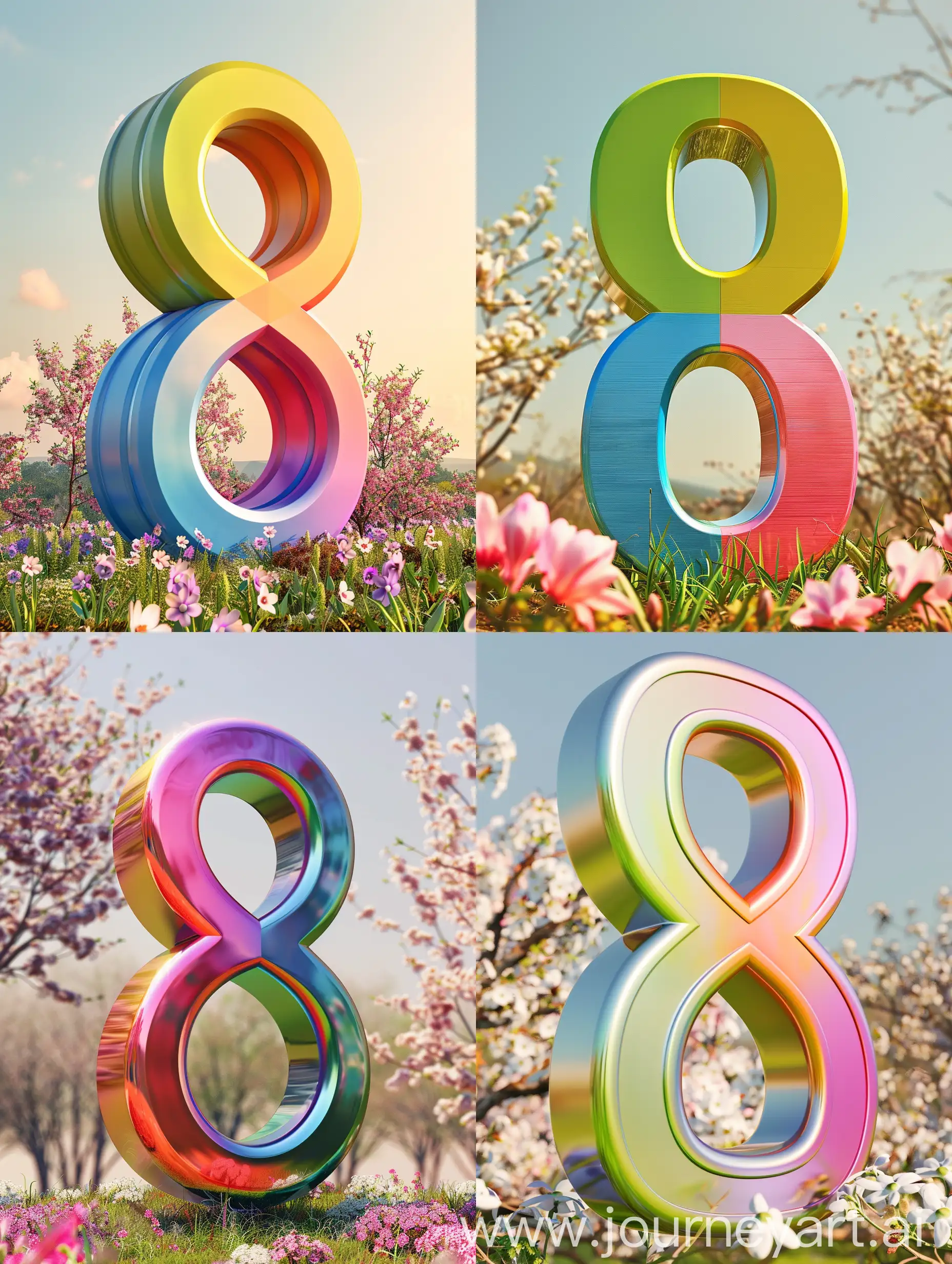 Цифра 8 из разных реалистичных цветов на фоне весеннего пейзажа , 