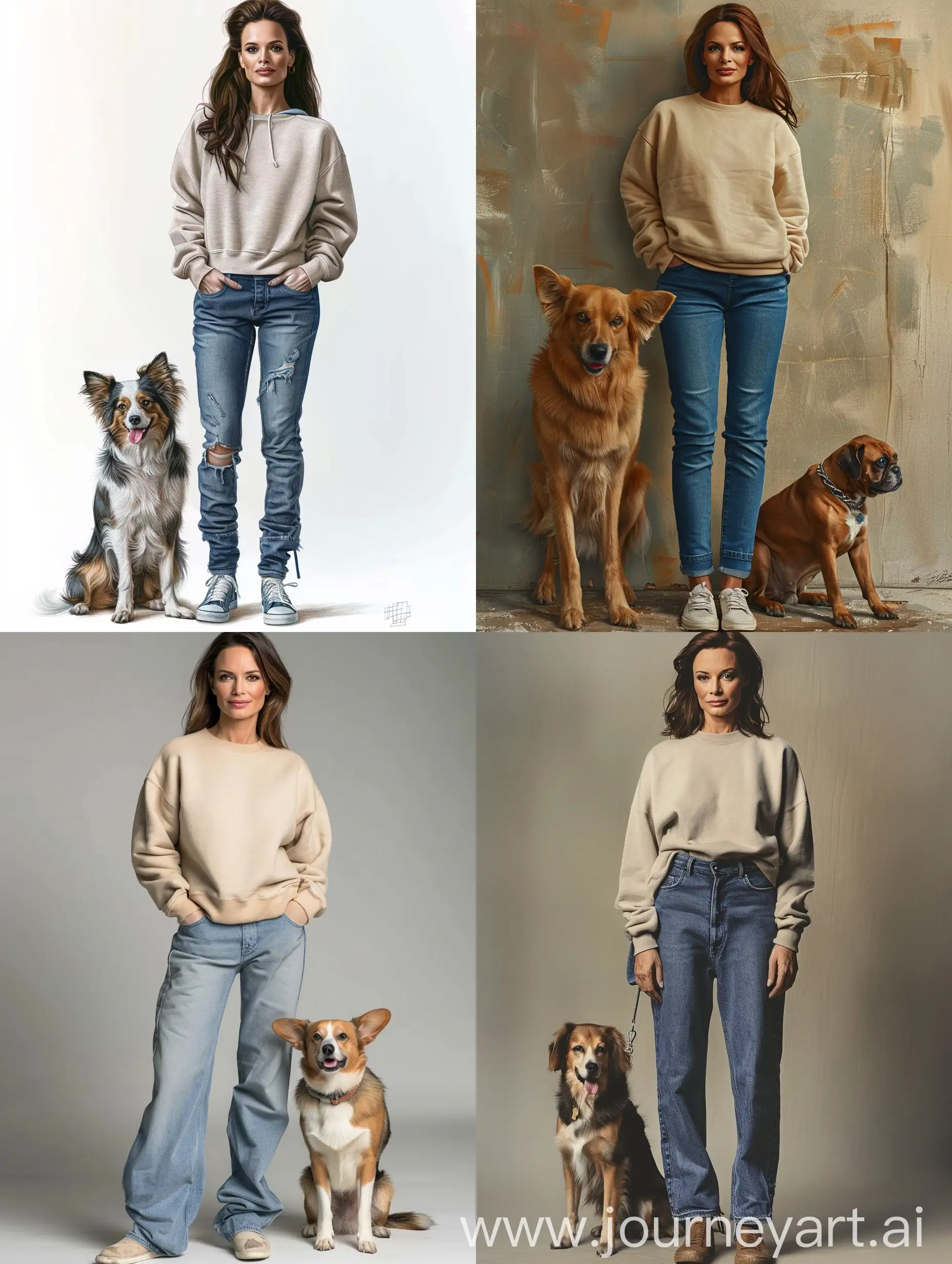 Angelina-Jolie-Stylishly-Posing-with-Dog-in-Beige-Sweatshirt-and-Blue-Jeans