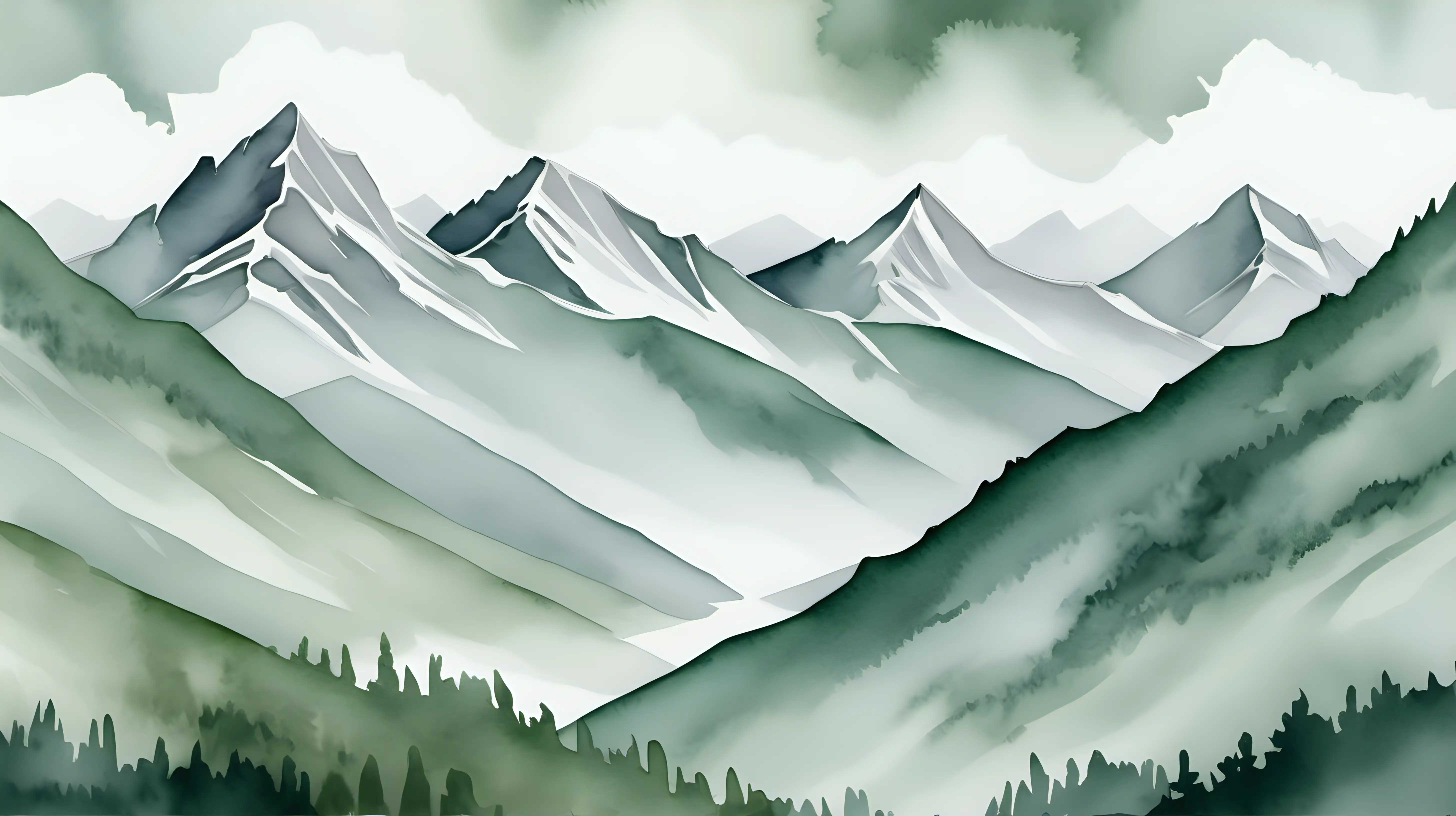 akvarel styl, pohled na hory, v šedo zeleném odstínu, detail více pouze na hory, špičky hor
