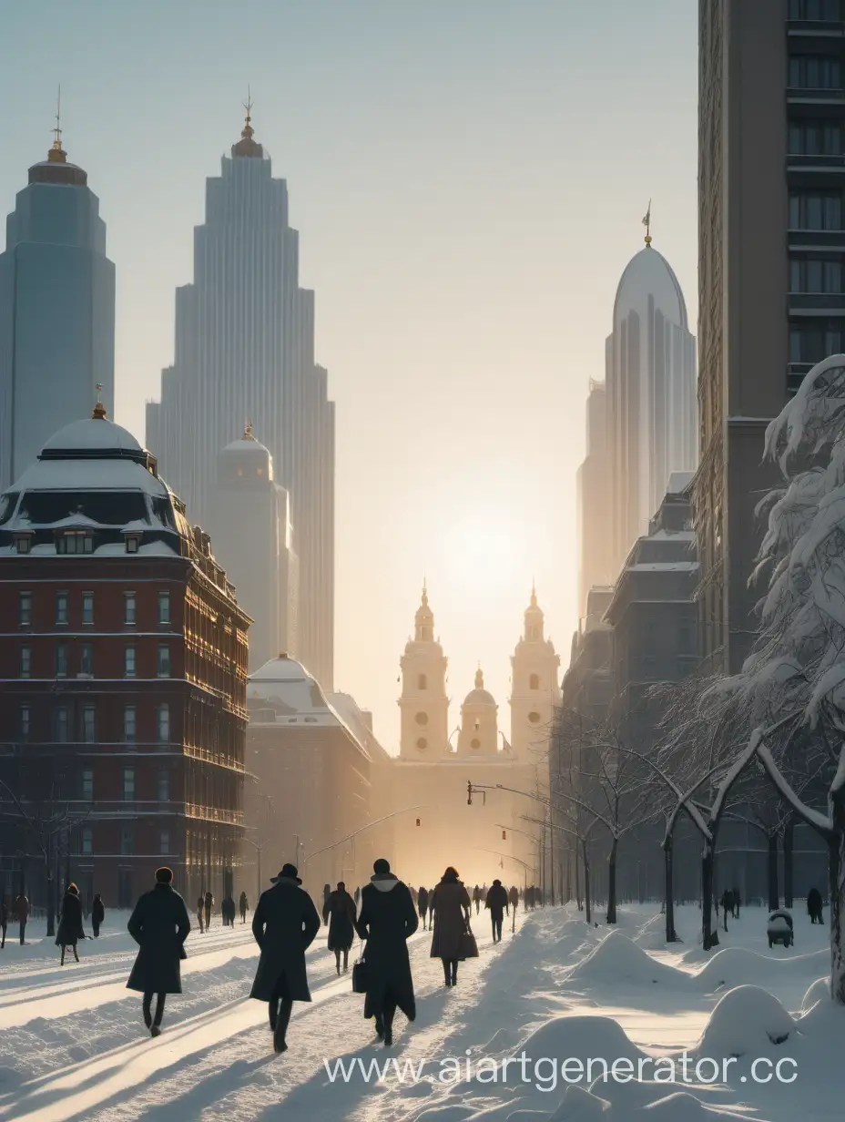 Modern-Baroque-Cityscape-SnowCovered-Skyscrapers-at-Sunset