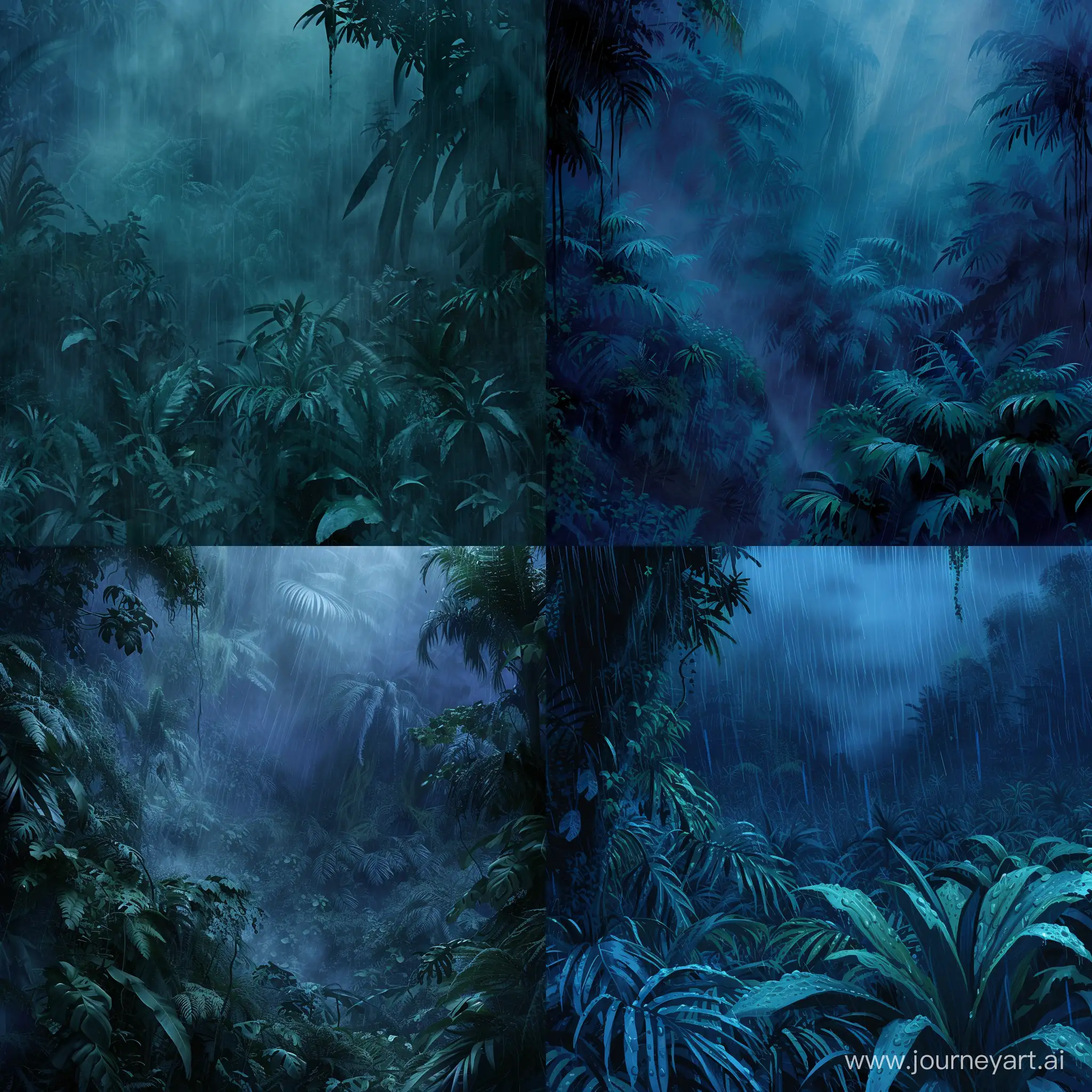An unusual sci fi dark fantasy alien landscape. Jungles. There is a heavy tropical downpour. The plants are deep bluish-green in color.