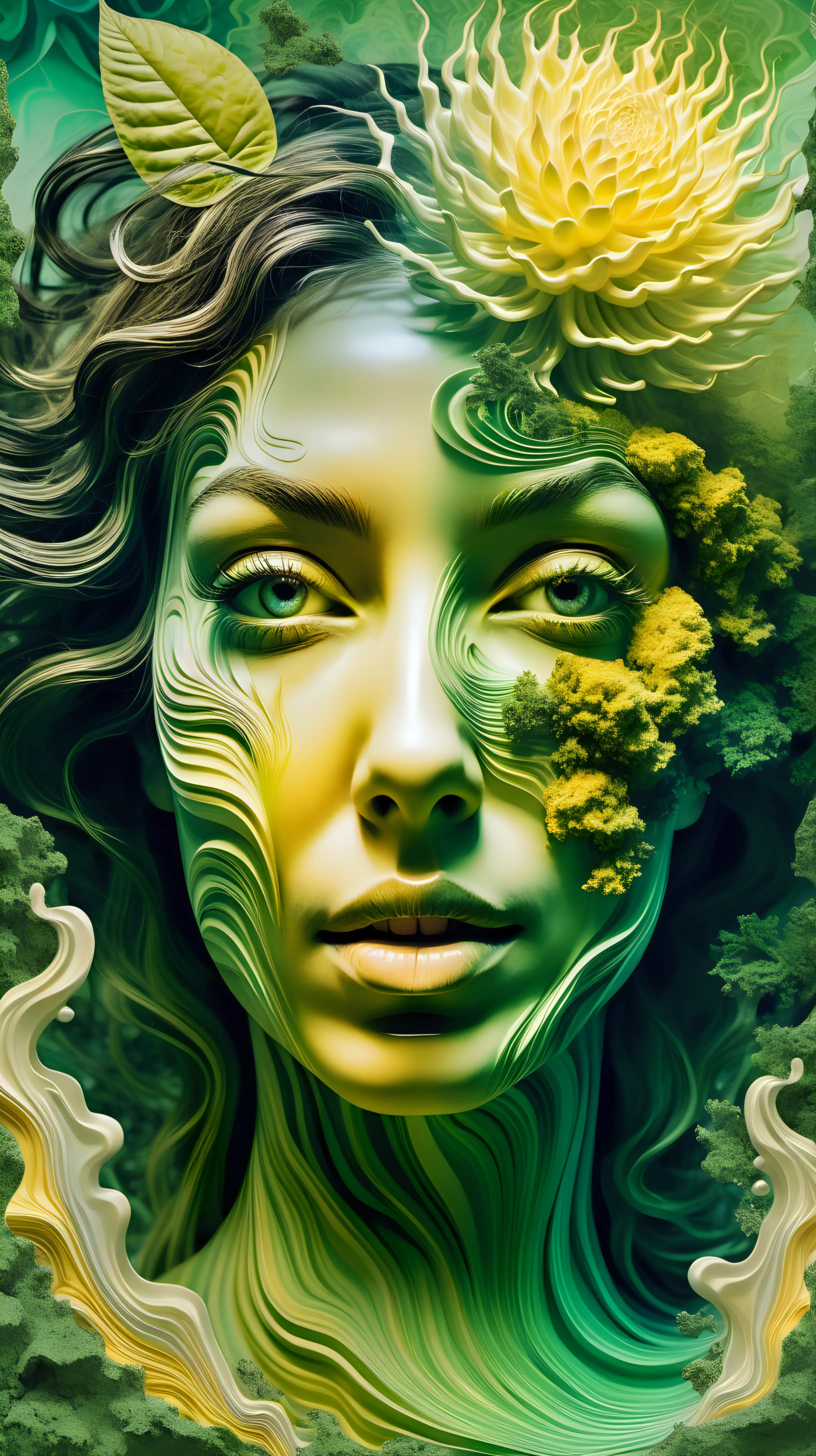 digitally creative psychedelic collage, a woman's face with a nature inspired texture and hazy green and light yellow background,  in the style of tanya shatseva,  fluid formation, uhd image, mind-bending sculptures, mind-bending murals, energy-filled illustrations --ar 63:128 --stylize 750 --v 6