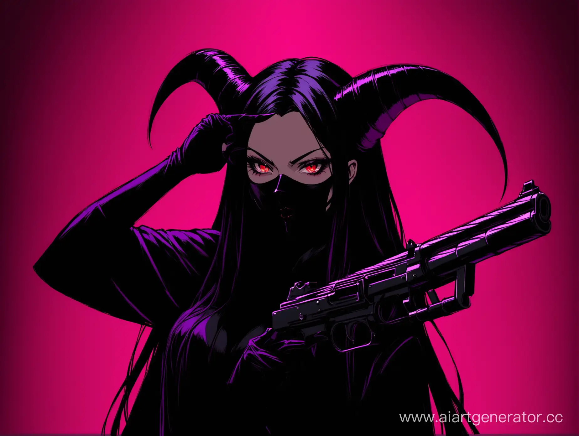 Mysterious-Horned-Girl-with-Black-Mask-and-Gun-against-Neon-Background