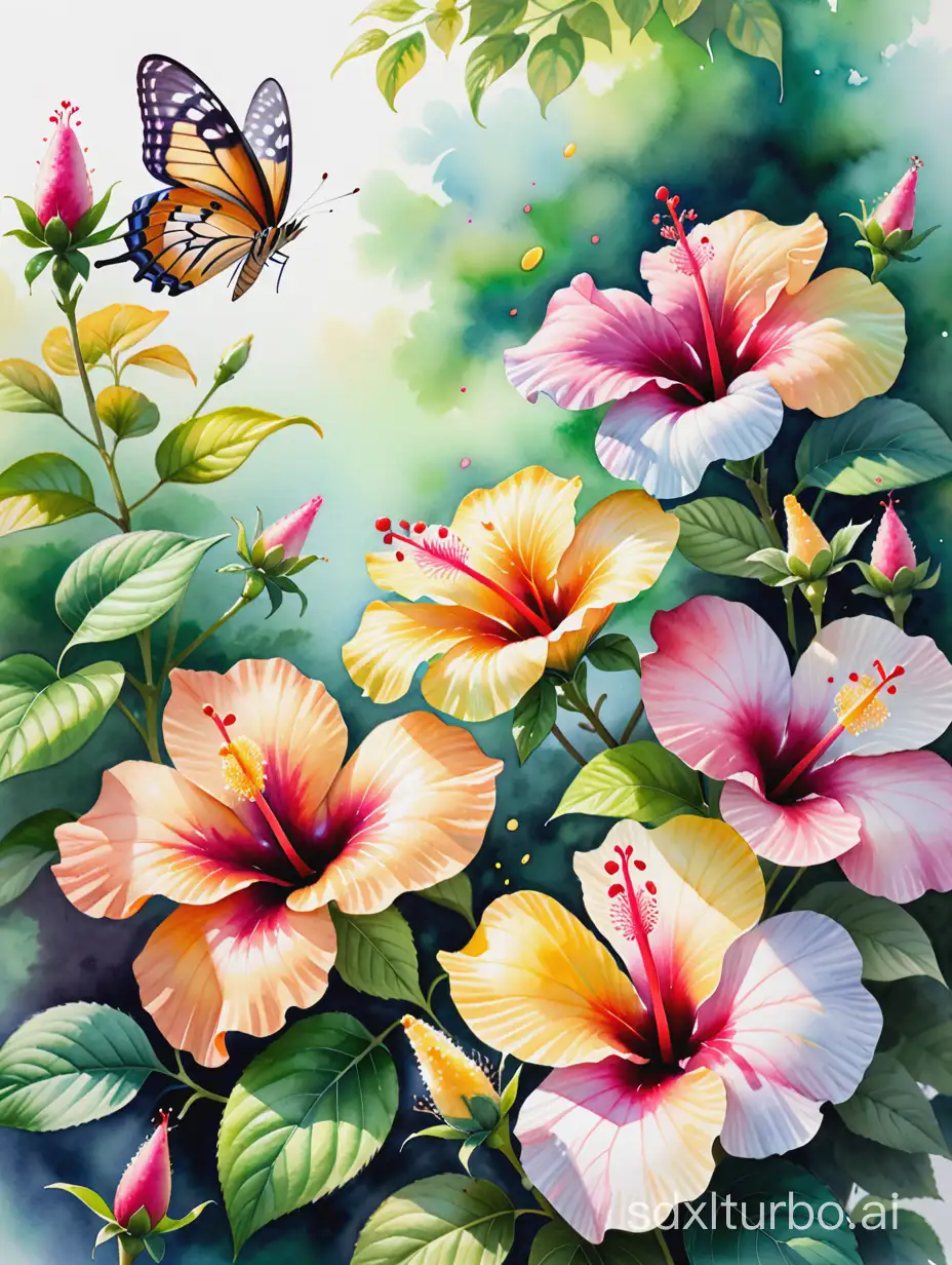 a painting of flowers and butterflies on a branch with leaves, beautiful tropical flowers, hibiscus flowers, tropical flowers, blooming tropical flowers, magical colorful flowers, Beautiful flower, (((beautiful watercolor digital art))), Beautiful flower, (( colorful hd photo)), very beautiful digital art, realistic flower oil painting, beautiful digital painting, ((beautiful digitalwork)), beautiful beautiful digital art, colorful flowers, tropical flower plants


 The image shows a vibrant cluster of **hibiscus flowers** in the foreground, with petals ranging in shades of white, pink and yellow.  Each flower features a prominent pink stamen, suggesting a focus on detail and accuracy of botanical representation.  The leaves surrounding the flowers are an intense green and have well-marked veins, which may indicate the use of shading techniques to give life and texture to the leaves.


 The background of the image is intentionally blurred, creating a **depth of field** effect.  This is often achieved through the technique of **bokeh** in photography, but can also be imitated in painting by softening colors and reducing detail in the background.  The soft green tones and points of light suggest a sunny, tranquil environment, complementing the vibrant flowers in the foreground.


 Small yellow butterflies are scattered across the background, adding an element of movement and delicacy to the composition.  A larger, more detailed butterfly is highlighted in the lower left corner, which may indicate a selective focus technique to draw the viewer's eye to different parts of the image.


 watercolor techniques, given the smooth mixing of colors and the detailed representation of natural elements.