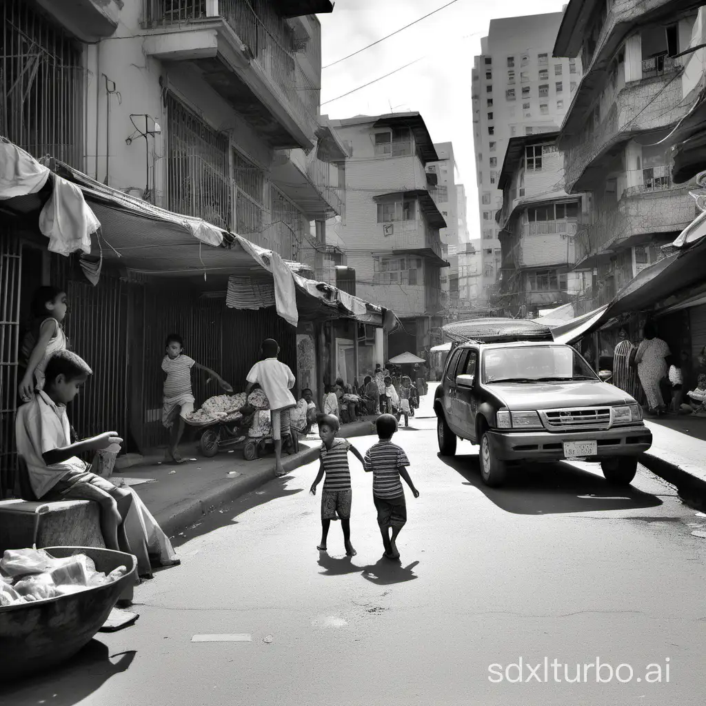 I am in the lively and noisy street of a downtown where vehicles circulate, where inhabitants converse from their windows with the street vendors. Children play in the street at the foot of the buildings.