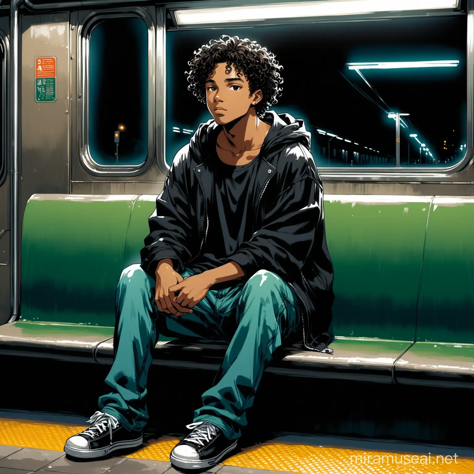 A very handsome African American/Mulatto semi-realism art-style man in almost semi-anime-like, teenage,  NOT BRIGHT LIGHT, DARK AS A NIGHT.Typical 1990s oversized clothes, a black tank top, and jacket with baggy jeans, brown eyes, curly black hair. Sitting alone on the poor-looking subway with graffitied, night, dim light almost dark green.