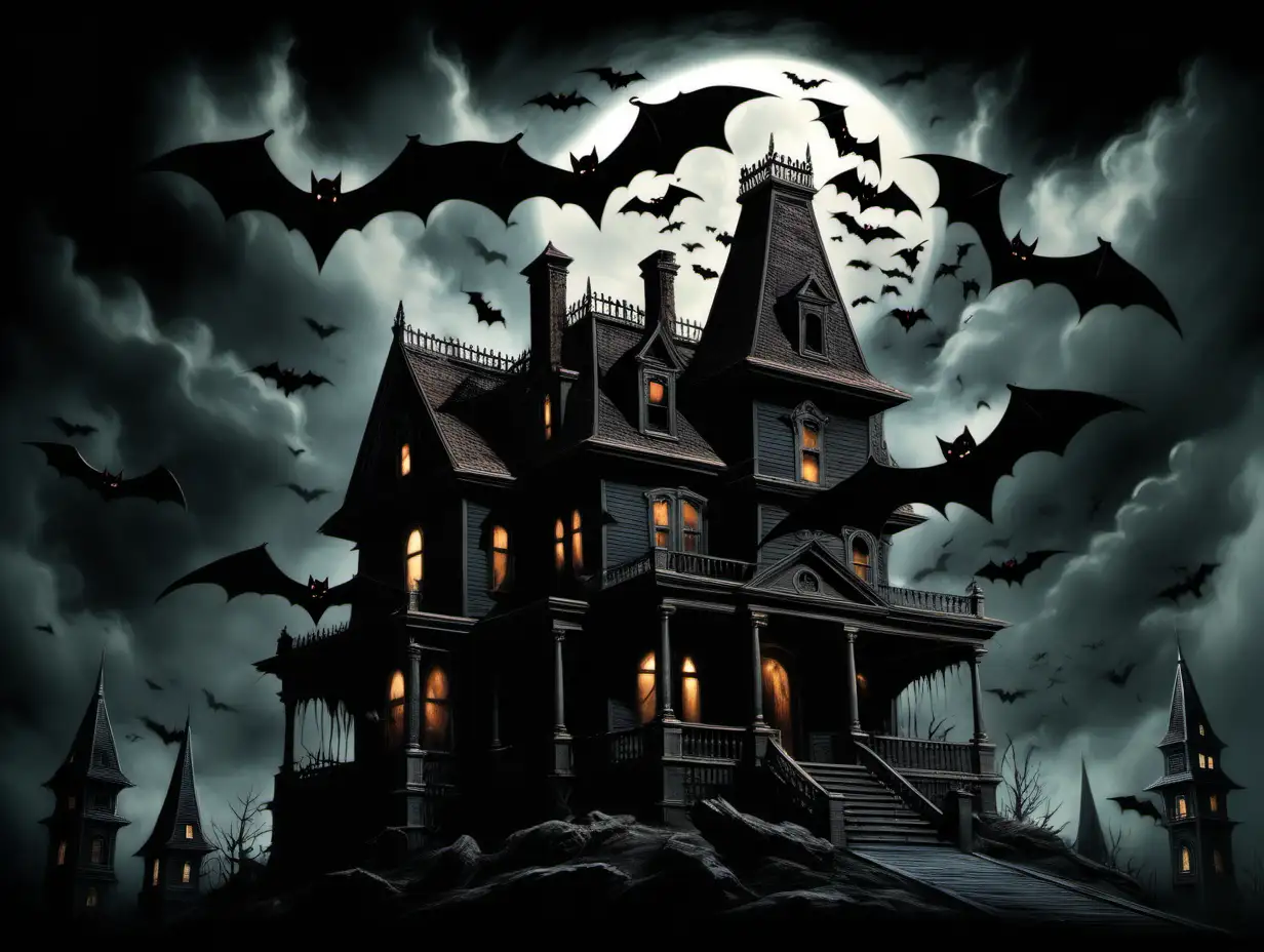 Haunted house with flying vampire bats in style of photorealistic by frank frazetta, photograph, high detail, elegant, close up and dark background