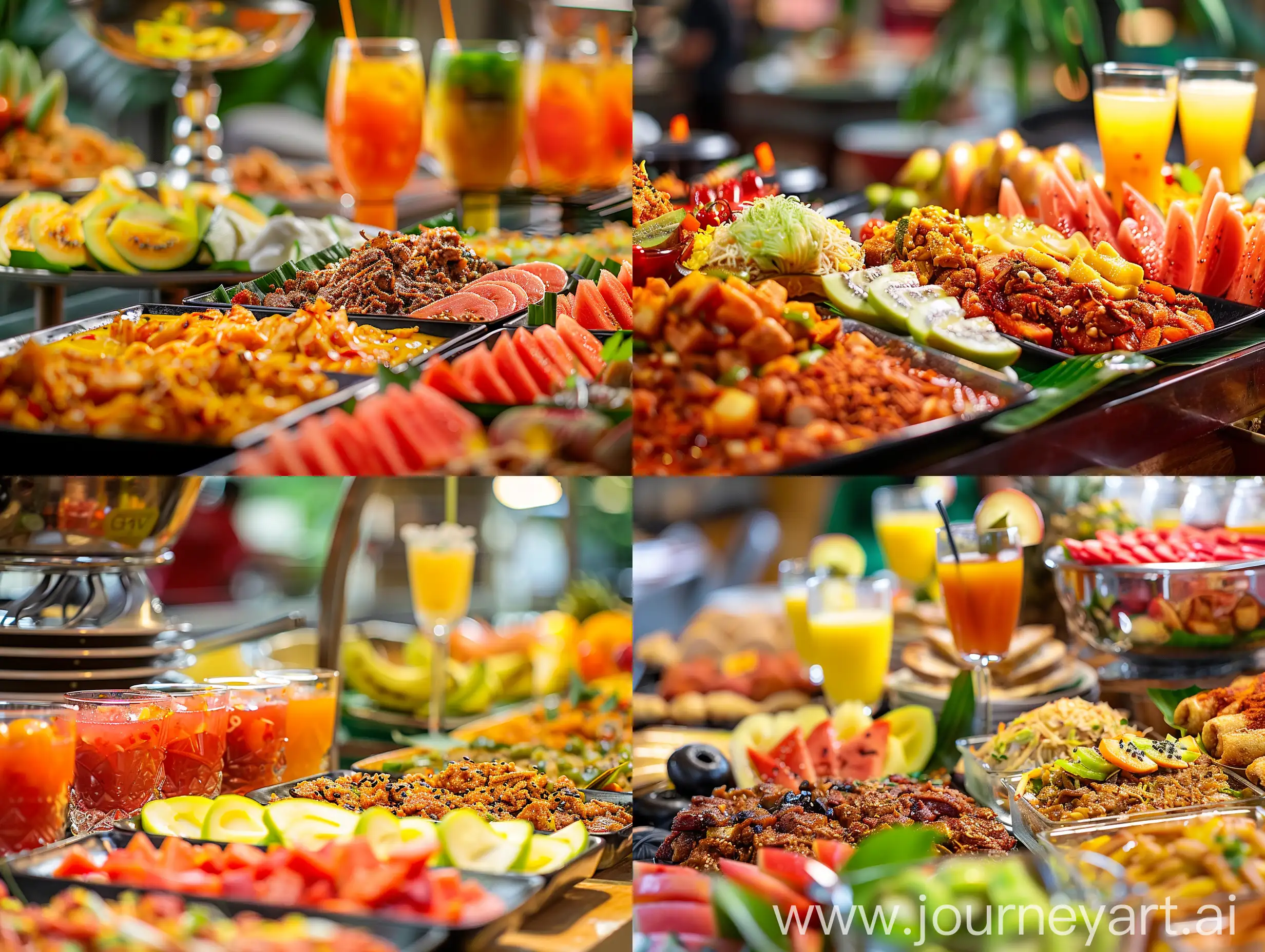 Craft a visually striking image showcasing a close-up view of a catering buffet spread with a variety of Indonesian foods, Fruitsa slices, and juice drink on glasses. Employ blurred background techniques to create depth and emphasize the intricate details of the cooked indonesian food selection, enticing viewers with its vibrant colors and delicious offerings. This wide-angle photograph captures the essence of a lively dining experience indoors