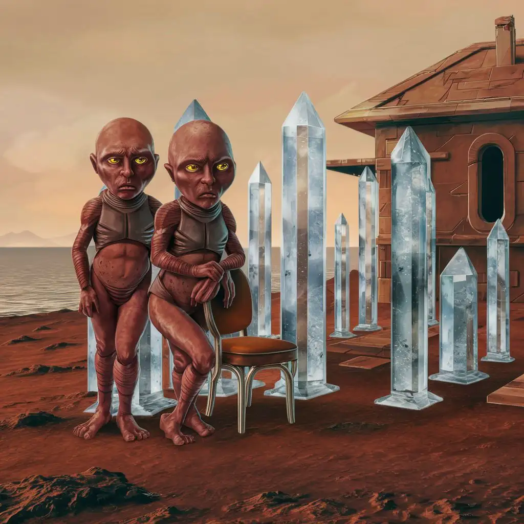 generate a house of crystal pillars on the planet Mars by the edge of a dead empty sea which is in the back ground. In a close-up, generate two little martian with humanoid body, who are married and not happy with brownish skin with yellow coin eyes. one of them was leaning on a chair between the pillars and the other one beside them