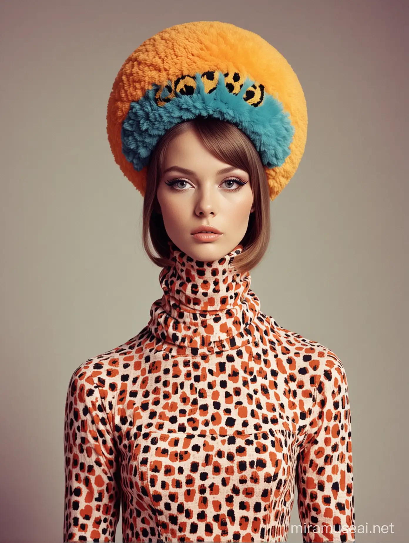60's era fashion model, strange nonsensical material, animal, describe colors, face
wearable, headgear, clothing, full body fashion,
