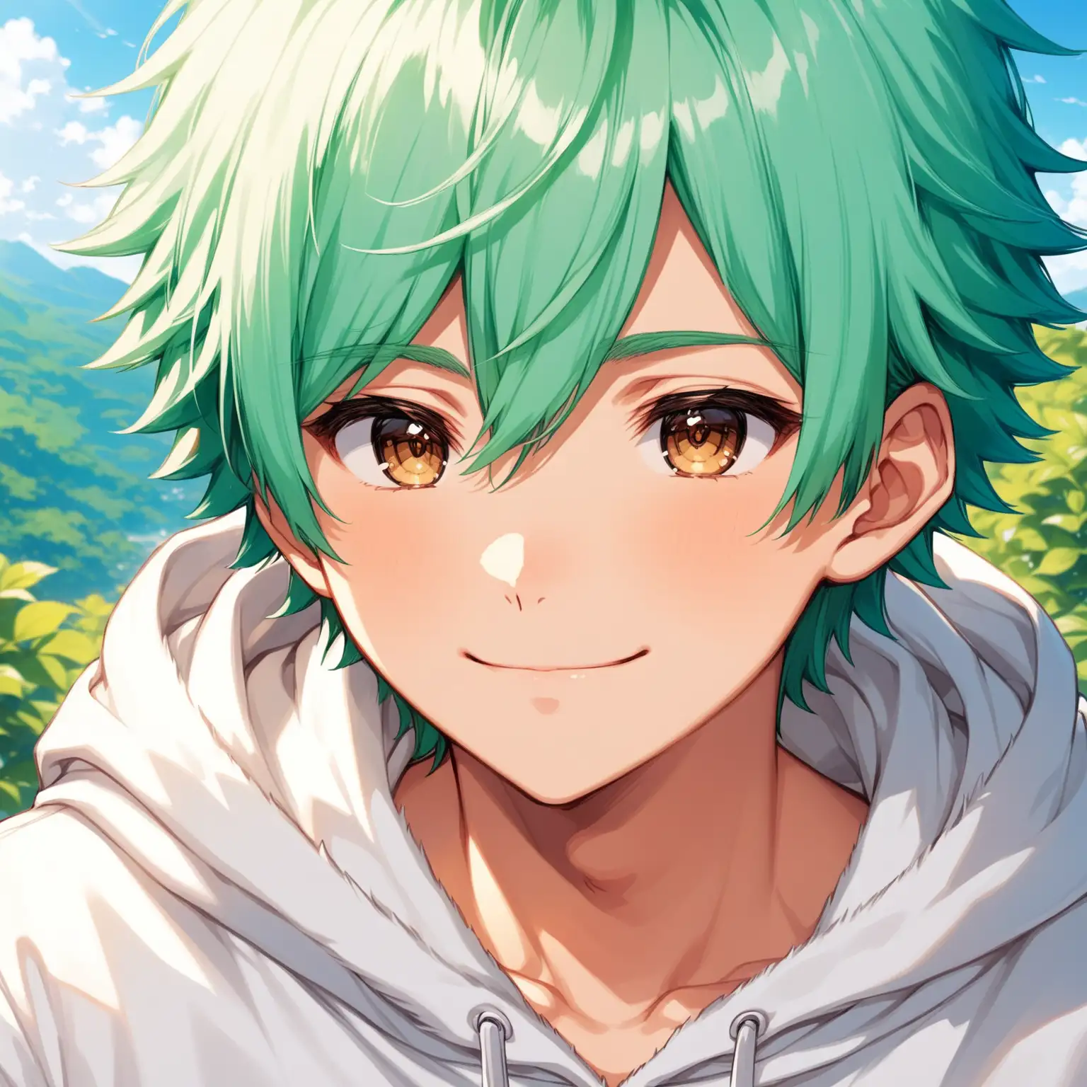 Cute Anime Boy Portrait Fluffy Mint Hair and White Hoodie in Natural Outdoor Light