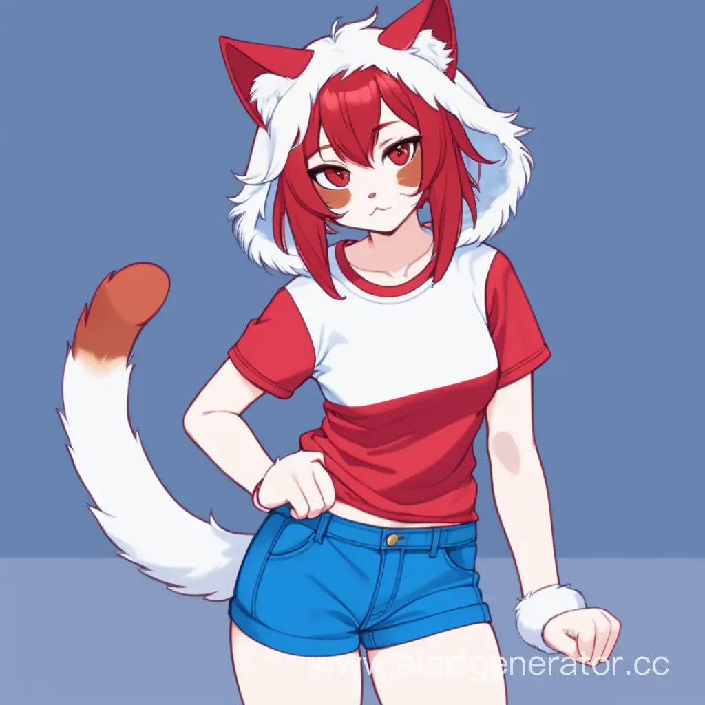 Adorable-Catgirl-in-Stylish-Red-TShirt-and-Blue-Shorts