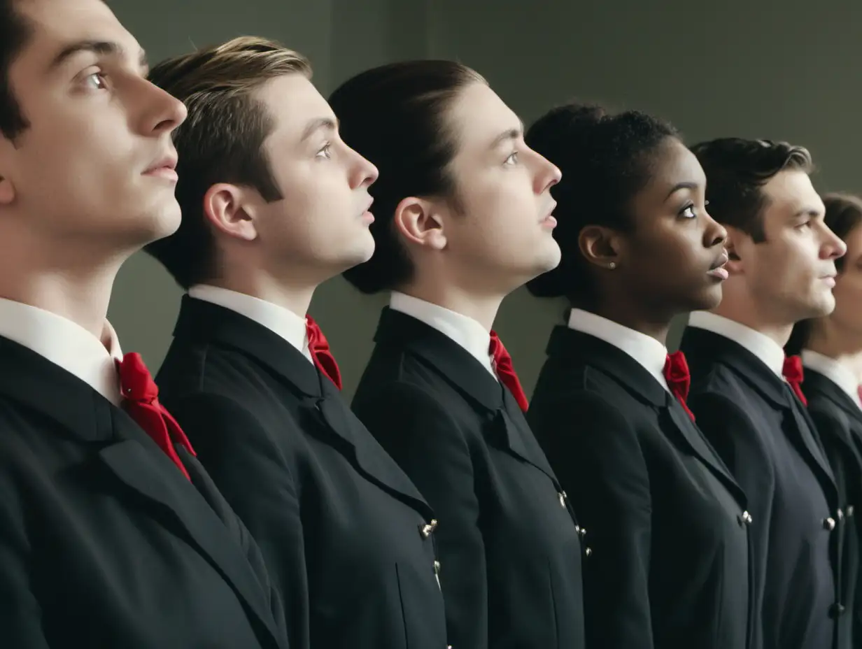 CLOSE UP OF 9 MEN AND WOMEN STANDING AT ATTENTION. THEY ARE SHOULDER TO SHOULDER. IN A LINE. THEIR BACKS ARE TO CAMERA.
THE CLOSEST PERSON IS STANDING ON THE RIGHT OF FRAME. THE OTHER OTHERS TRAIL OFF IN THE PERSPECTIVE.
THE PEOPLE ARE YOUNG.
DRESS THEM IN MODERN BUTLER UNIFORMS.
THE PERSON THIRD FROM THE RIGHT LEFT BREAKS THE FOURTH WALL AND LOOKS AT THE CAMERA. THEY HAVE A CHEEKY LOOK ON THEIR FACE.