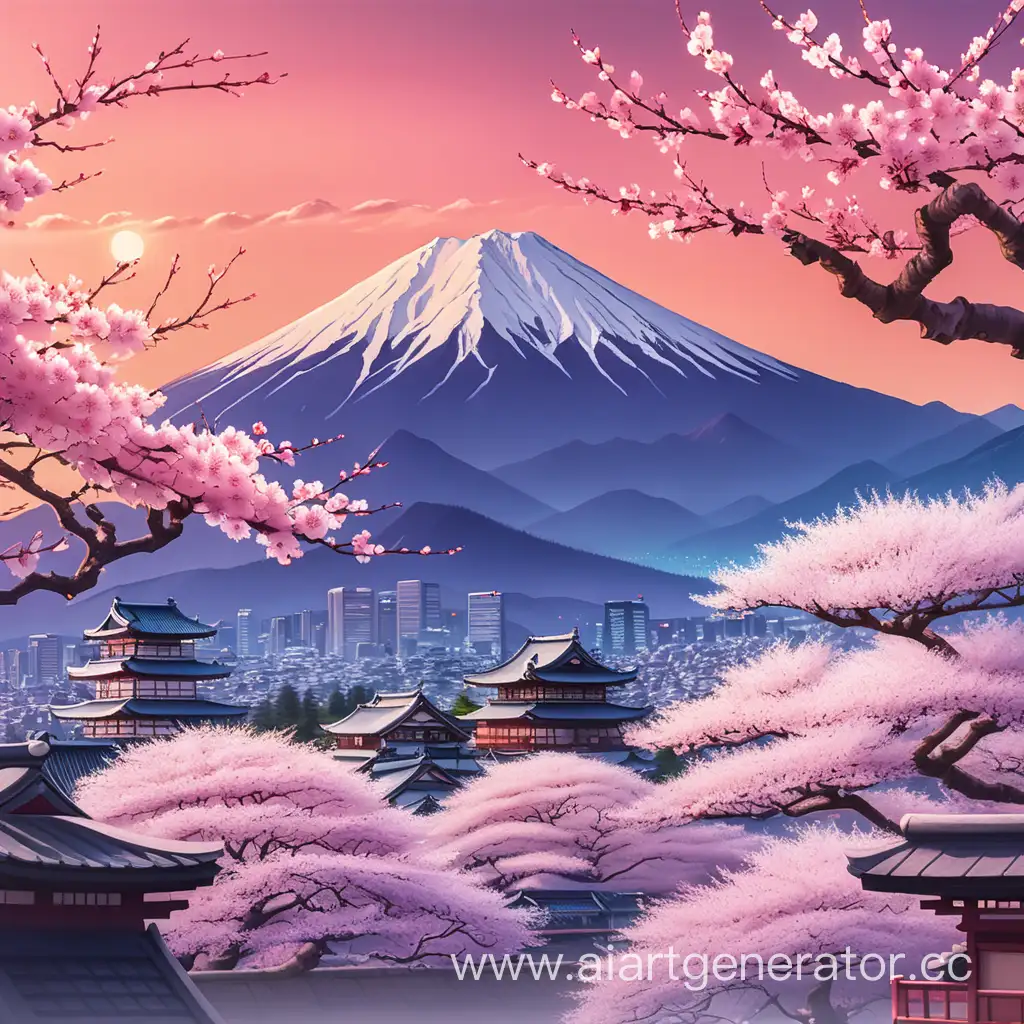 Create an image for the cover of a playlist in the phonk genre, where the background is decorated with Japanese mountains lit by the last rays of sunset, and in the foreground blossoming sakura trees, giving the composition an atmosphere of fun and harmony.