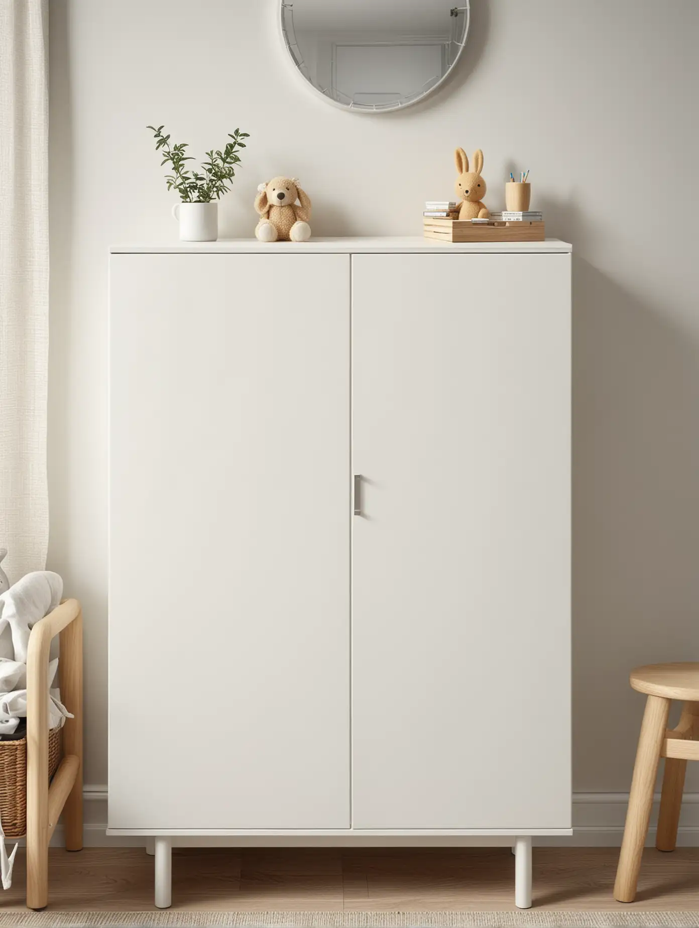 vytvoř design náhled, kde je skříň s bílou plochou, jedná se o dětský pokojíček, skříň Ikea