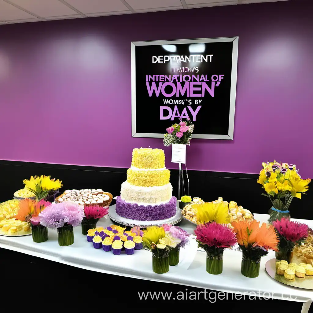 flowers, cake and sweets at celebration of international women's day at the department of information systems in university