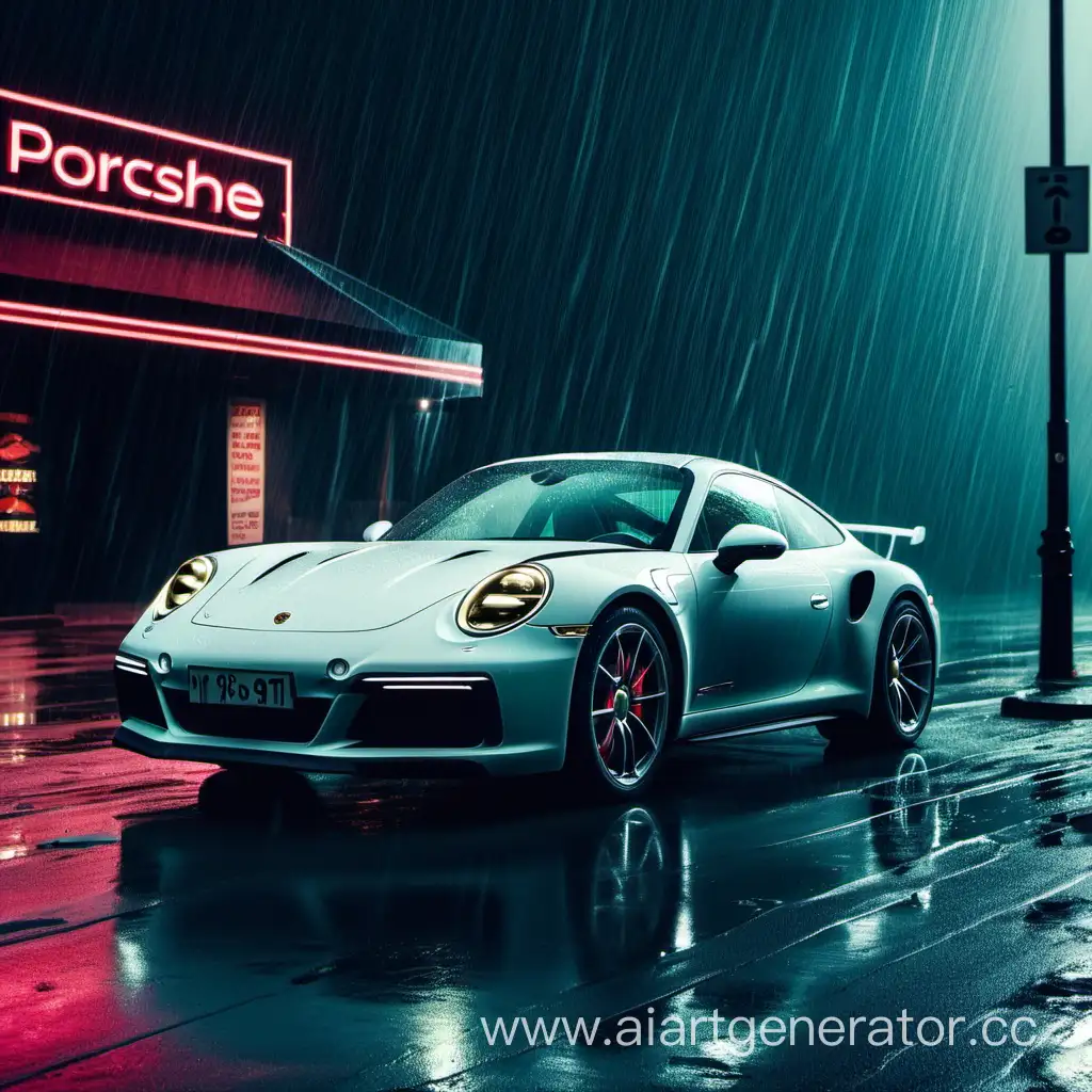 A new Porsche 911, standing in the rain and under neon signs 