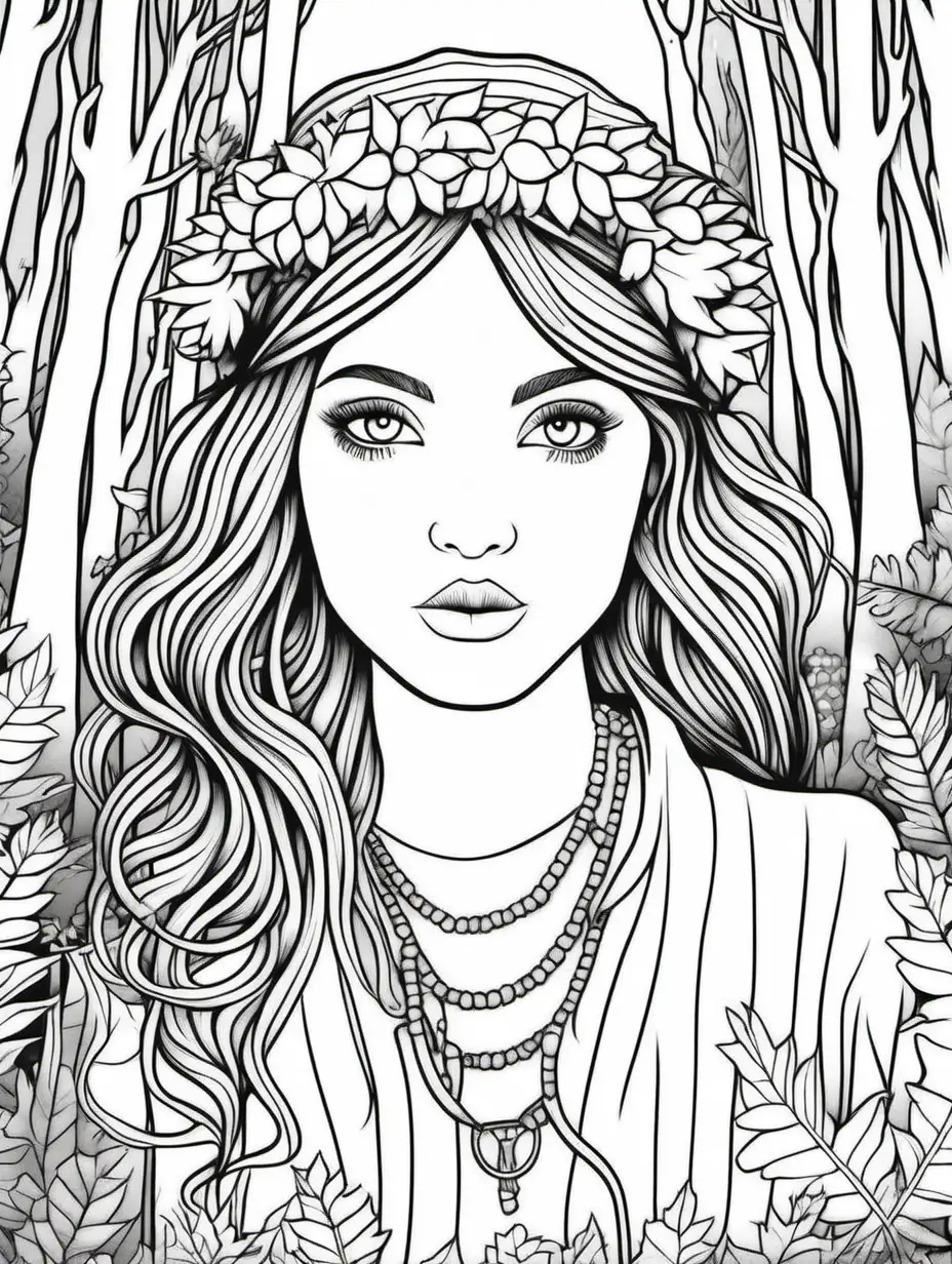 clean line art,simple,black and white,coloring book page, forest,hippy girl