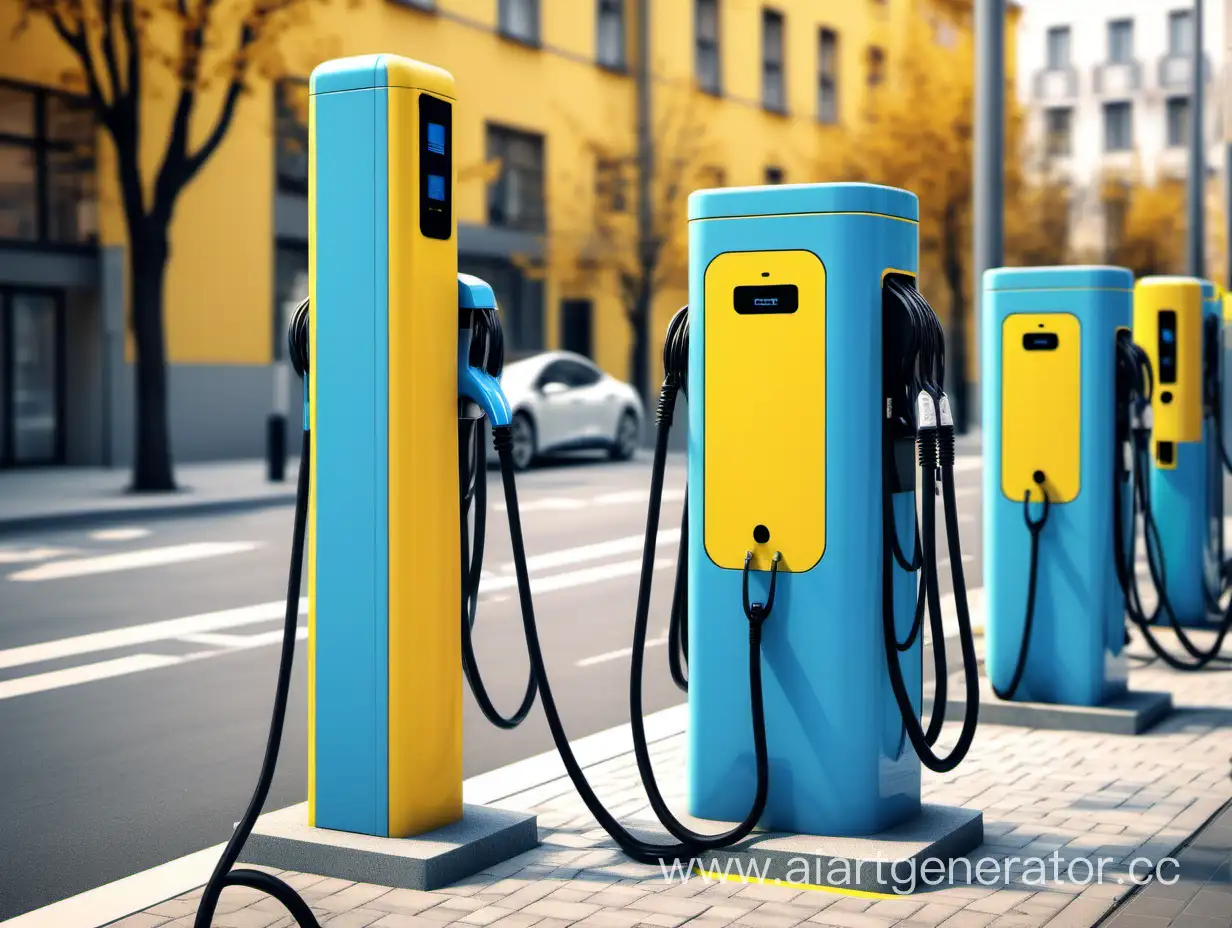 качественная зарядная станция для электромобилей с фоном улицы, желтого и синего цвета