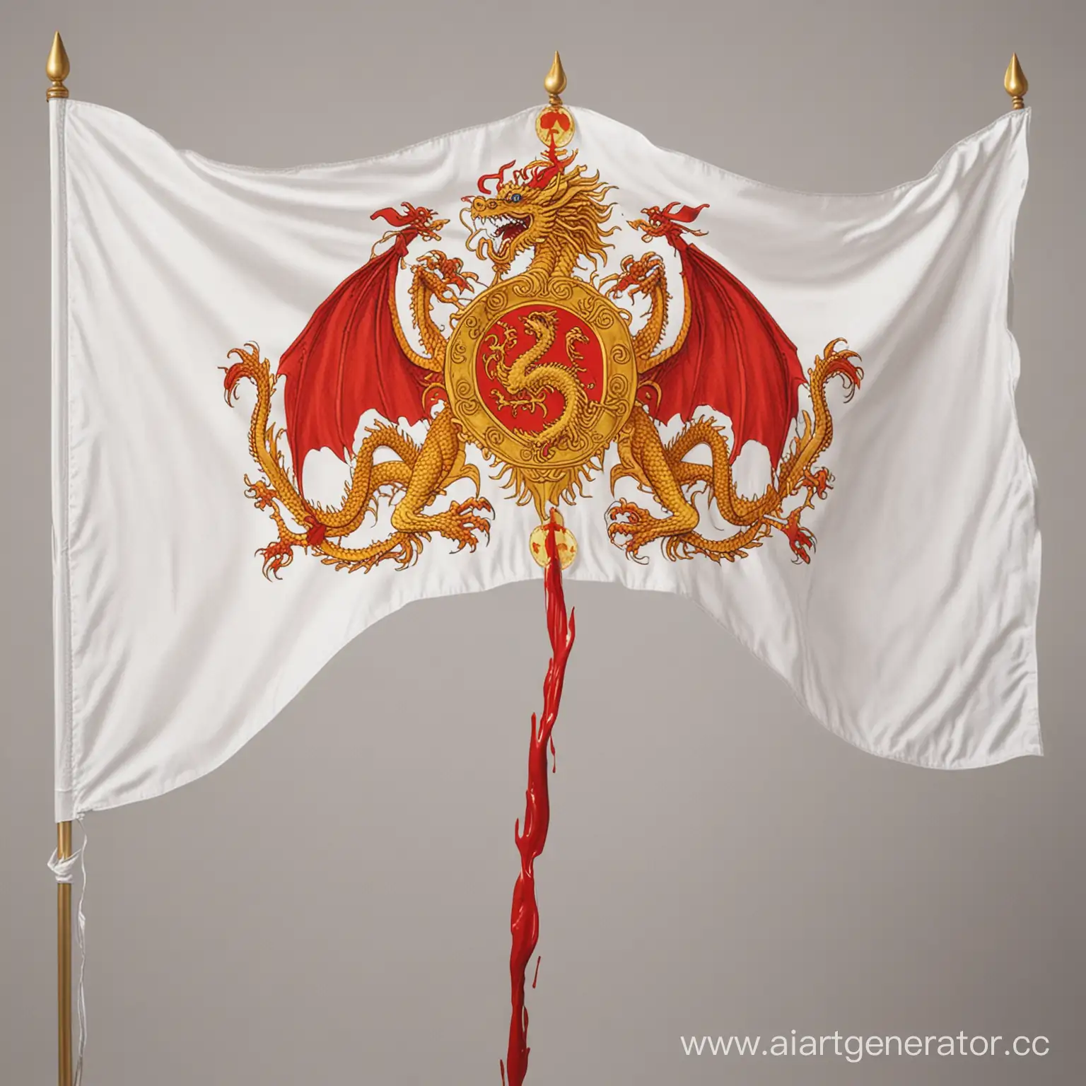 a white flag with a gold two-headed dragon in the center, and a red handprint in the corner