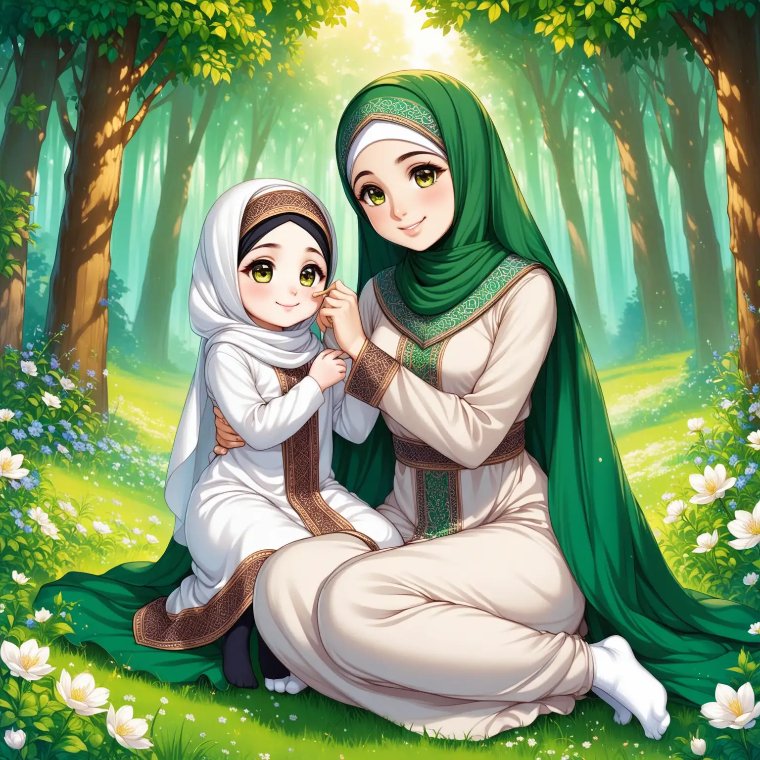 Character Persian girl(full height, Muslim, with emphasis no hair out of veil(Hijab), smaller eyes, bigger nose, white skin, cute, smiling, wearing socks, clothes full of Persian designs) named Fatemeh. Fatemeh is sitting kissing the hand of her mother politely.

Atmosphere forest, grass flowers, etc...