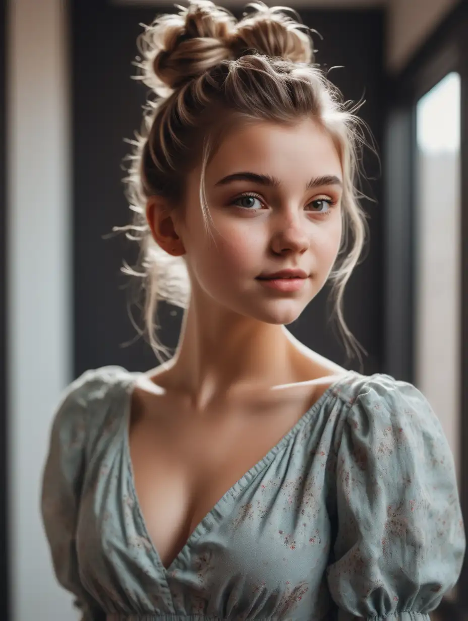 Photo of a beautiful girl in a cute dress with messy bun from her head to her chest