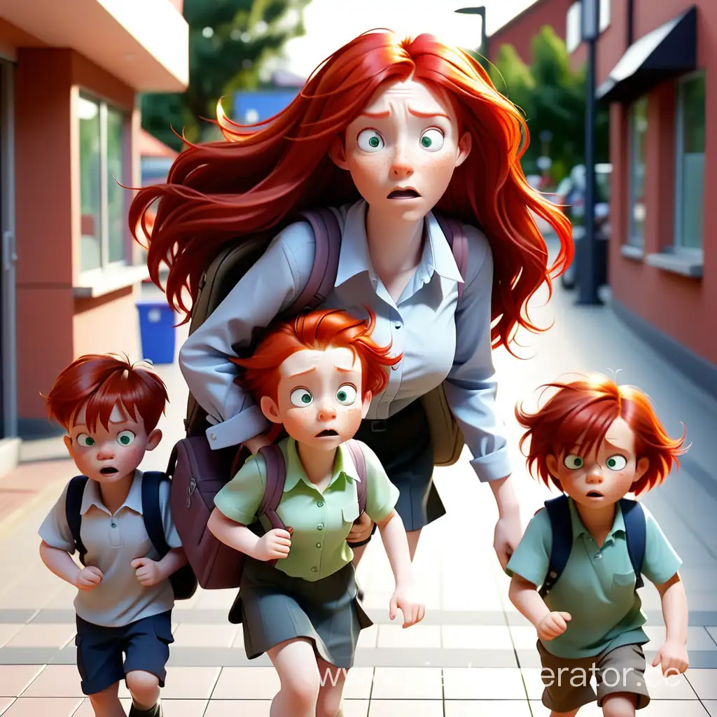 рыжая девушка с двумя детьми  опаздывает на работу