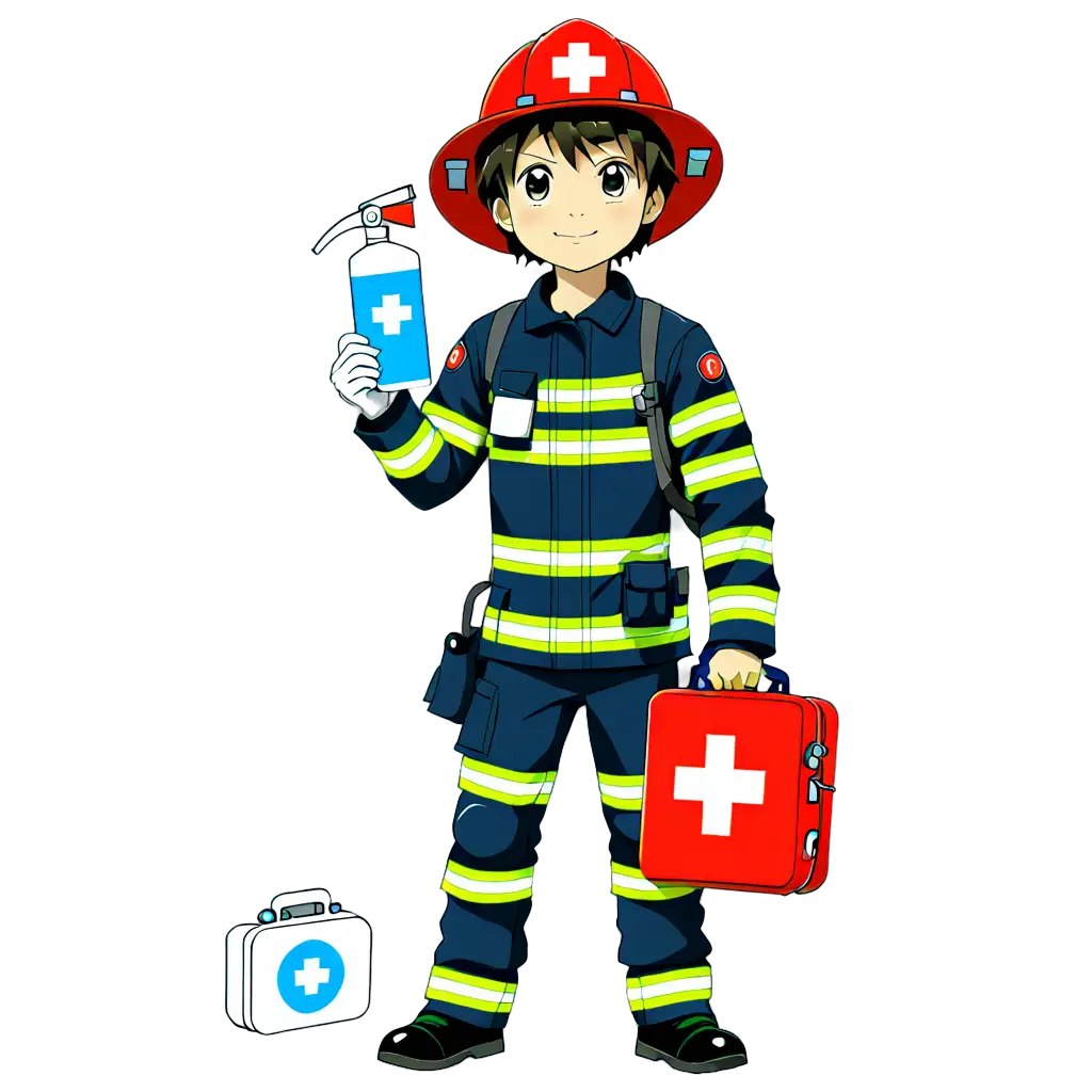 Firefighter kid anime holding first aid