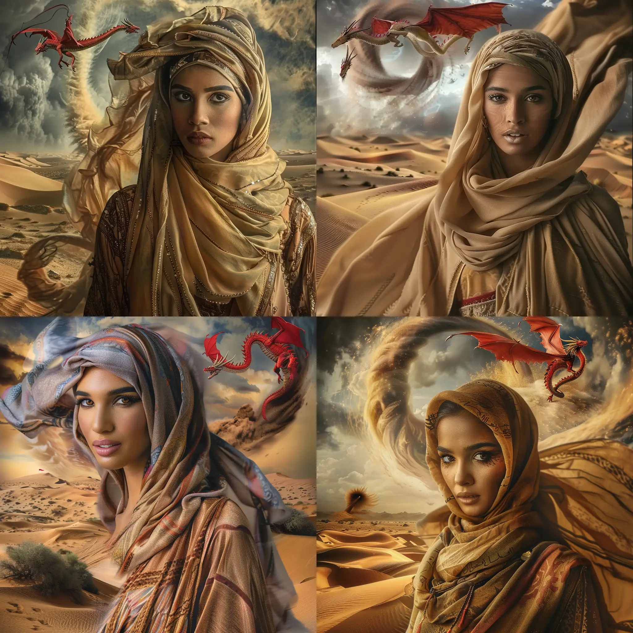 A highly detailed photographic  image a beautiful Arabian woman . Her head scarf and robes are blowing in the wind.  Behind her is the  desert. A tornado is blowing  the sand up into the  air. A red dragon is flying above. Beautiful magical mysterious fantasy surreal highly detailed