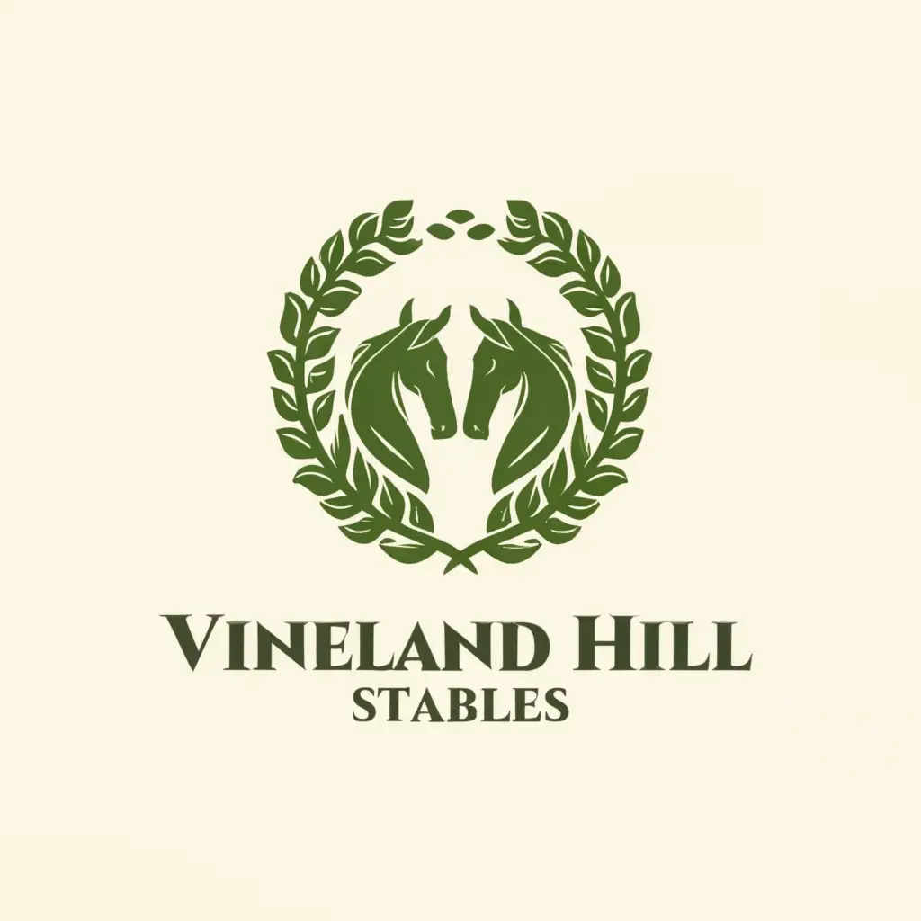 a logo design,with the text "Vineland Hill Stables", main symbol:circular shape , two horse heads facing each other with vines around them,Minimalistic,clear background