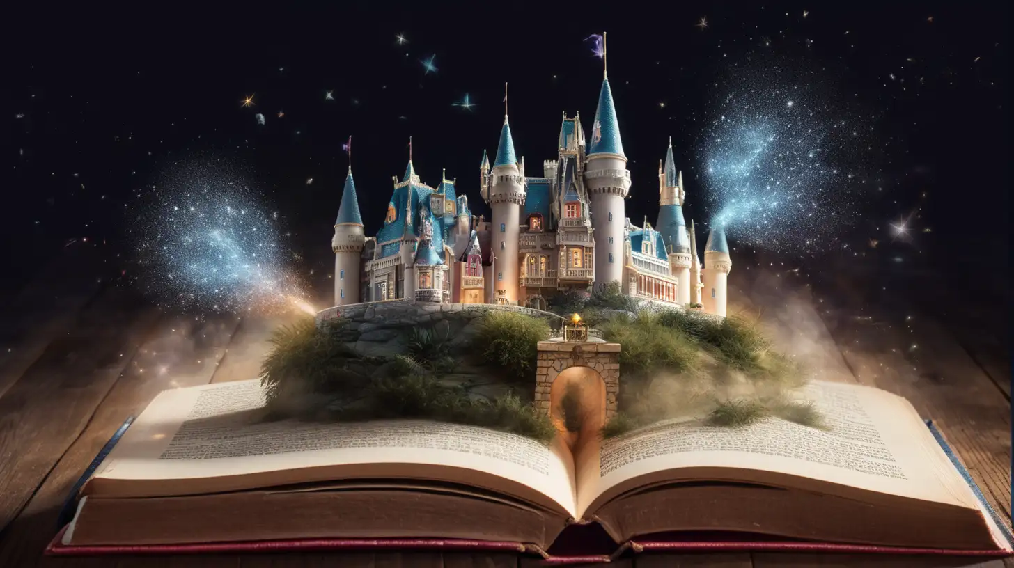 magic castle emerging from a book
