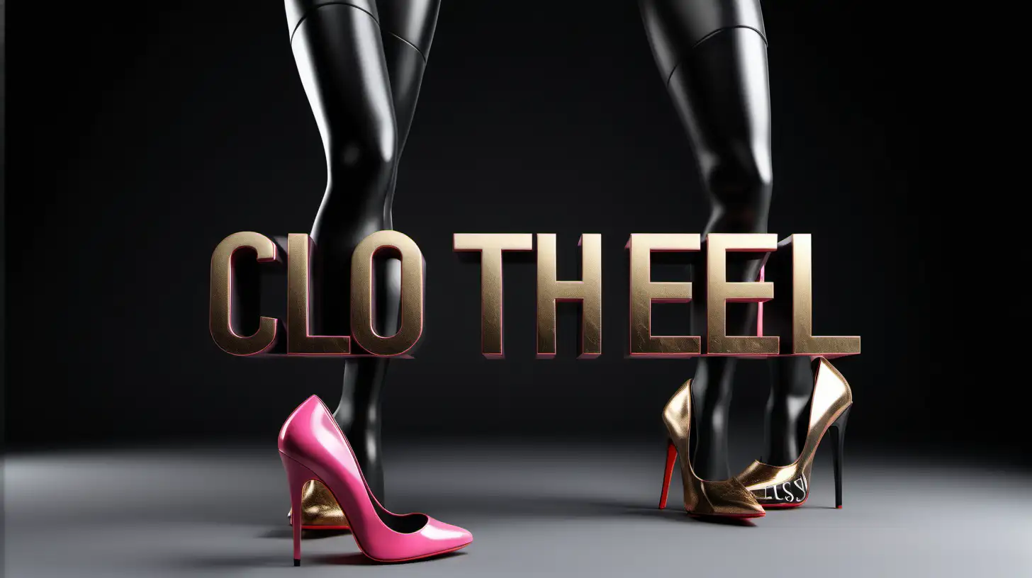 Create a realistic picture with The name “LSL” Clothel“ typography exactly in DIFFERENT SHADES OF black and gold colors with a splash of pink  bursting from in front  of a woman’s black high heel shoe with a red bottom. The background should have floating women shoes shirts and Mannequins earrings. A logo that says “LSL Clothing” should be in the background also typography, 3d rendering, photography, typography, 3d render, cinematic, vibrant, fashion, photo, architecturev0.1