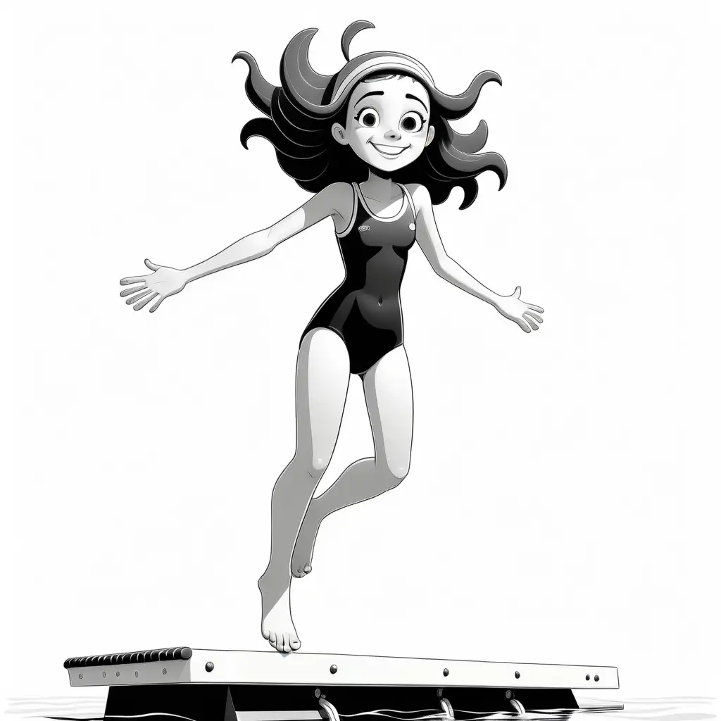 black and white, [happy Teen girl on a diving board], simple, white background, cartoon like.