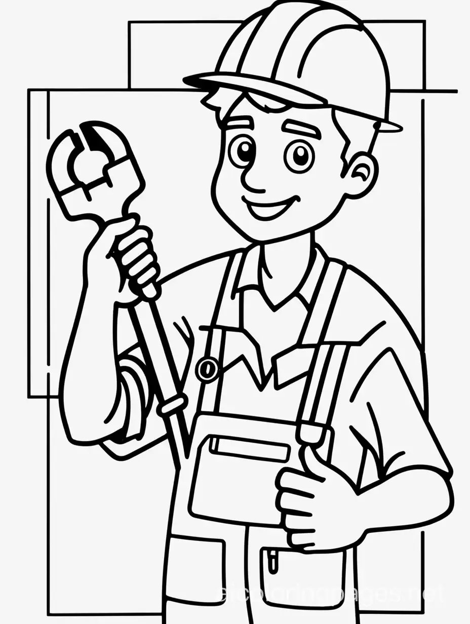 20% zoom out , all bold lines , line ART , engineer holding screw wrench in HAND , holding screw WRENCH ,  simple image , Coloring Page, black and white, line art, white background, Simplicity, Ample White Space. The background of the coloring page is plain white to make it easy for young children to color within the lines. The outlines of all the subjects are easy to distinguish, making it simple for kids to color without too much difficulty