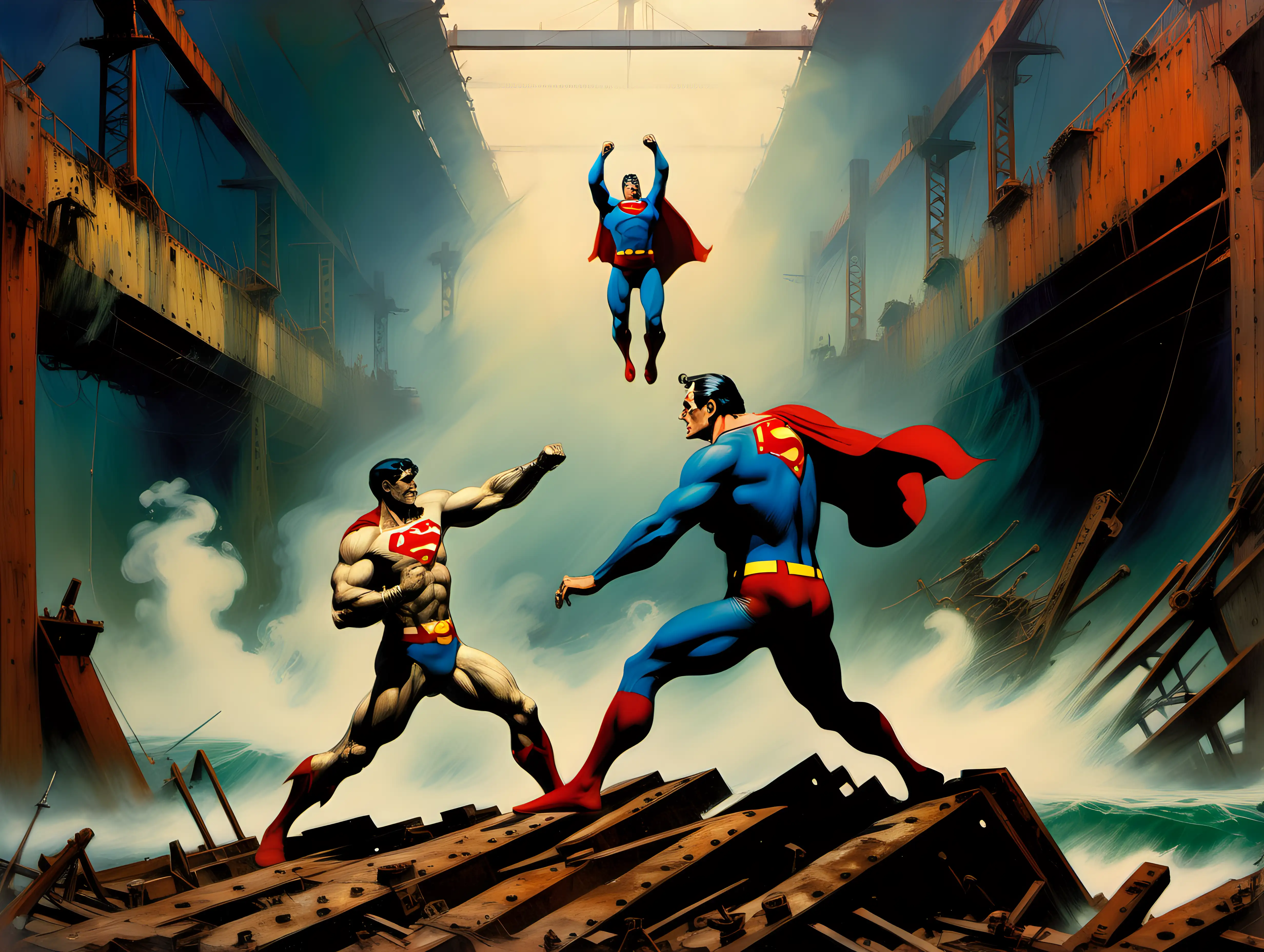 Frank Frazetta style Superman fights bizzaro Superman in an abandon shipyard