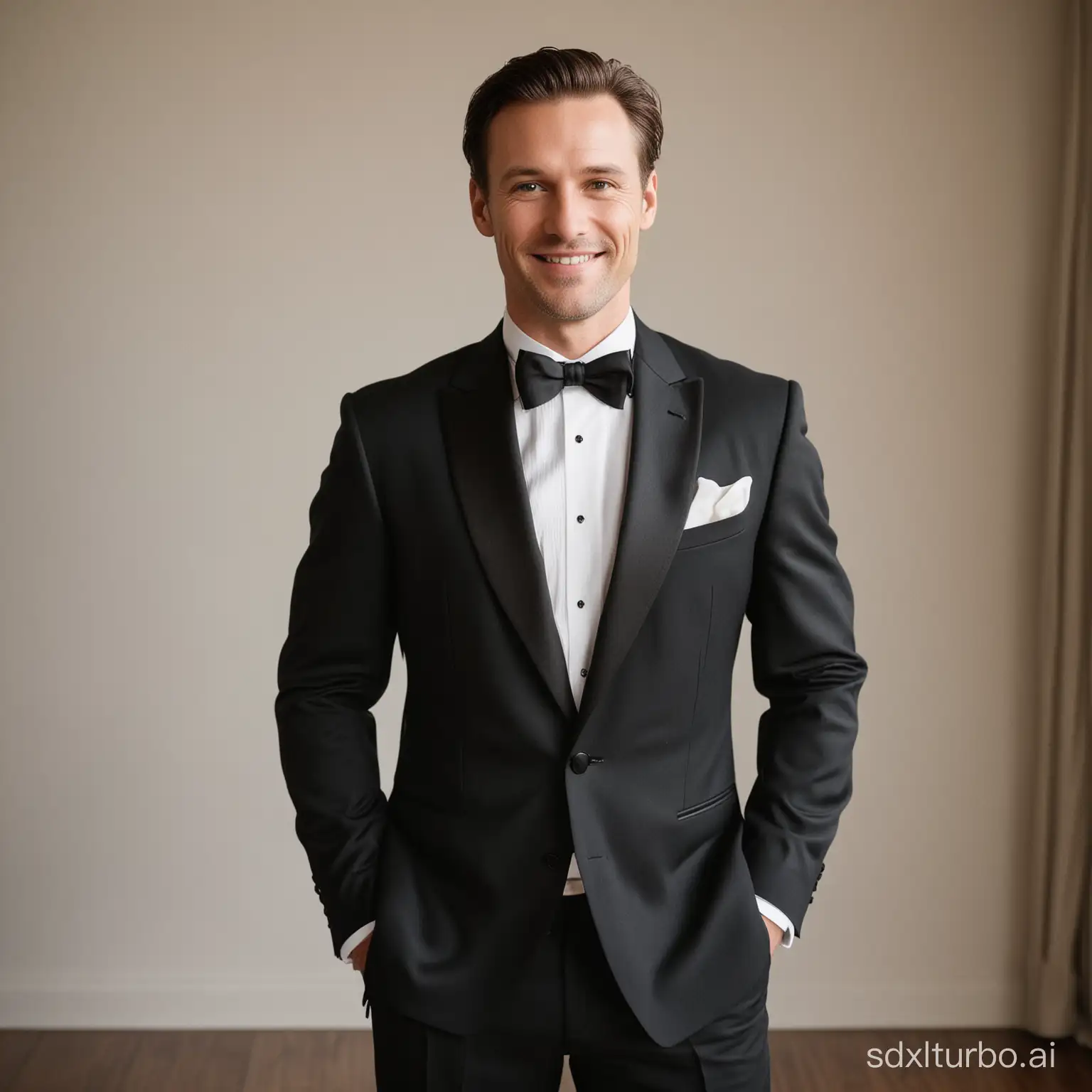 Caucasian male dressed in a sleek tuxedo posing confidently in preparation for his wedding. The man appears to be in his early thirties, with a confident smile and demeanor.