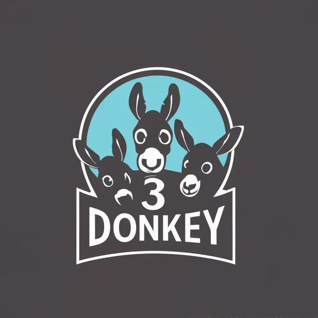 logo, Donkey, with the text "The 3 donkeys", typography, be used in Animals Pets industry