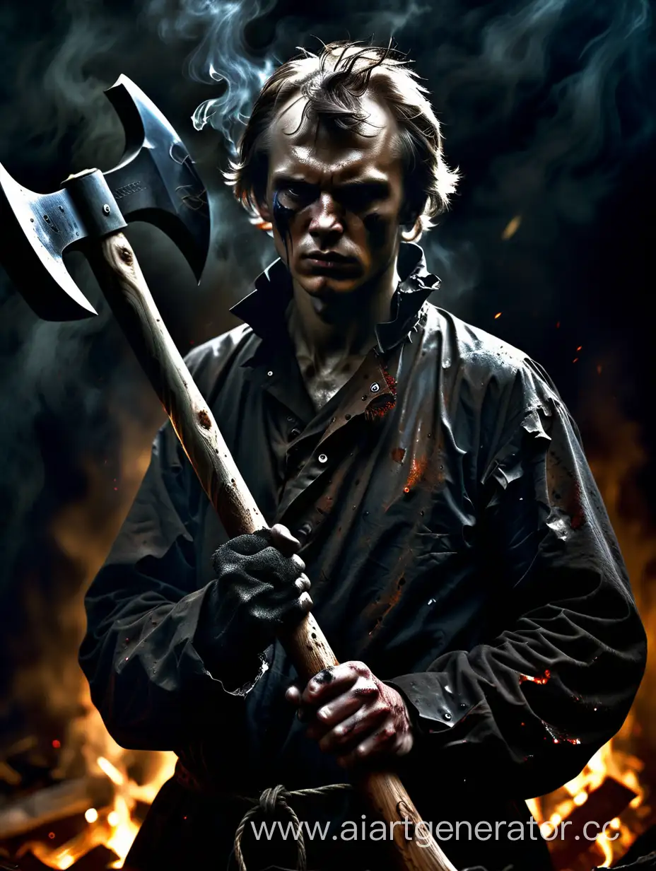 Ultra realistic photorealistic image: Rodion Raskolnikov's appearance, holding an axe, is a gloomy combination of dark contours and internal tension. A tall, slender young man with a pale, flickering face, as if reflecting his inner peace of mind.

His eyes, burning with an irreconcilable fire, look at the world with an expression of hidden dark passion. His hair, carelessly scattered like a shadow on his face, gives the impression that he has just got out of a crazy nightmare.

The clothes covering his body radiate an atmosphere of forgotten poverty, emphasizing the difficulties of his existence. Raskolnikov holds an axe in his hands, an instrument of crime and a symbol of his inner struggle. The axe blade, twisted by the weight of the decision, sparkles in the dark light, reminding of the dark secrets that are stored in his soul.

This image of Raskolnikov with an axe embodies his inner conflict, where the darkness of his decisions is mixed with reflections of a painful light bursting from the deepest corners of his being.