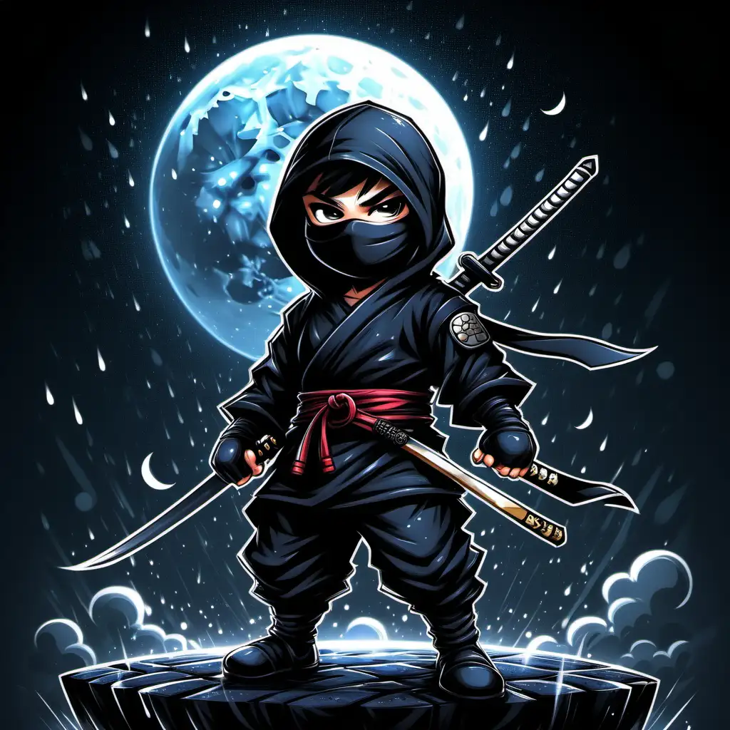 Süßer Ninja in komplett schwarzem Outfit mit dunklen Hintergrund und Mondschein, etwas regen, Ninja Waffen auf dem Rücken, entspannte Haltung , hohe Details, Comic Style
